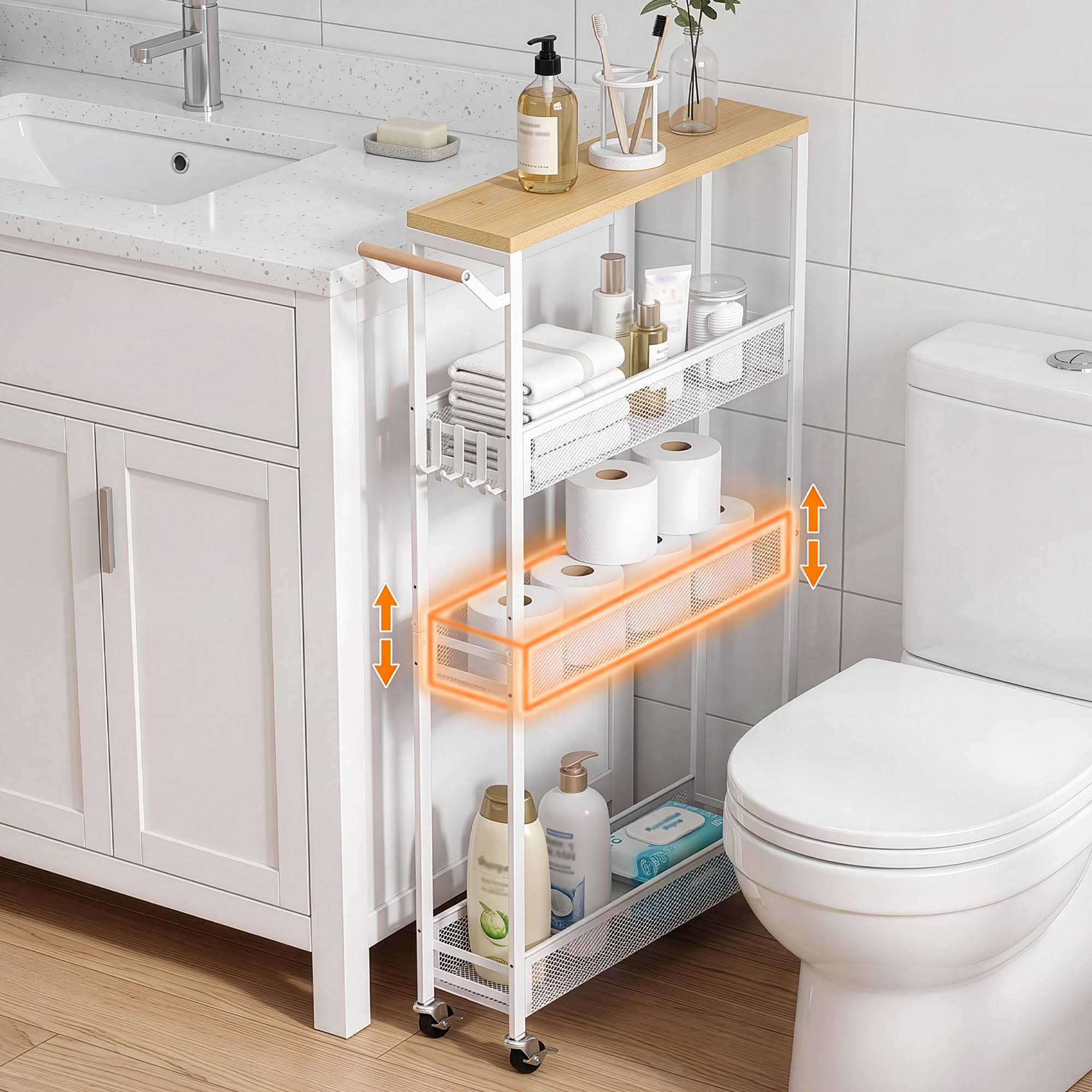 Extra Slim Storage Trolley with Adjustable Shelves, 4 Tier 13cm Narrow Rolling Utility Trolley with Wooden Tabletop, Small Metal Mobile Shelf Unit Organizer Cart for Laundry, Bathroom, Kitchen
