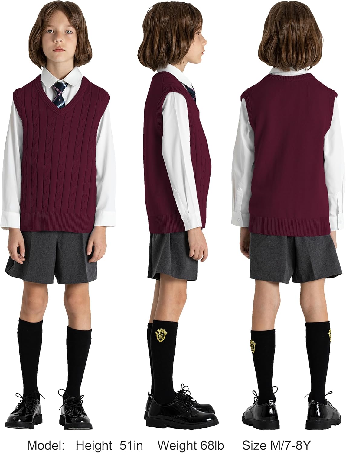 BOBOYOYO Boys Sweater Vest Unisex Cable Knit 100% Cotton Toddler Uniform Vest for Little Big Childrens Kids Teenage Girls - Image 4