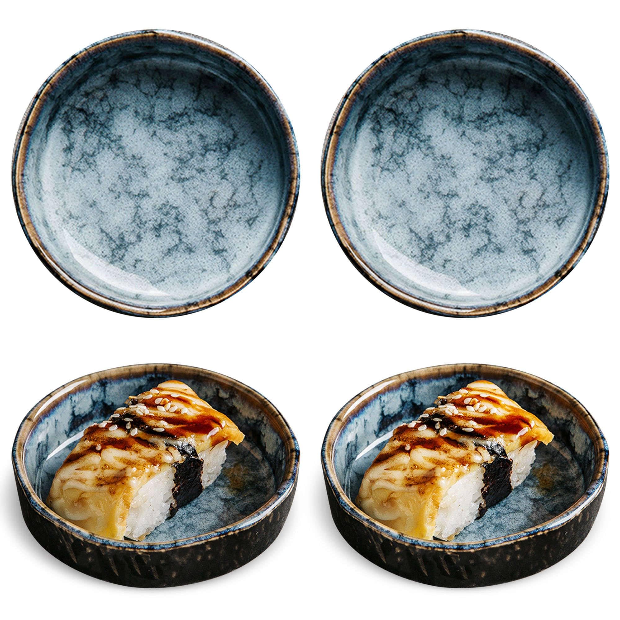 Dipschalen, Sojasaucenschalen, 4er-Set, Keramik-Dipschalen, Saucenschalen, Tapasschalen, Schalenset mit Blumenmuster für Desserts, Snacks, Schwarz und Grau, 4er-Set