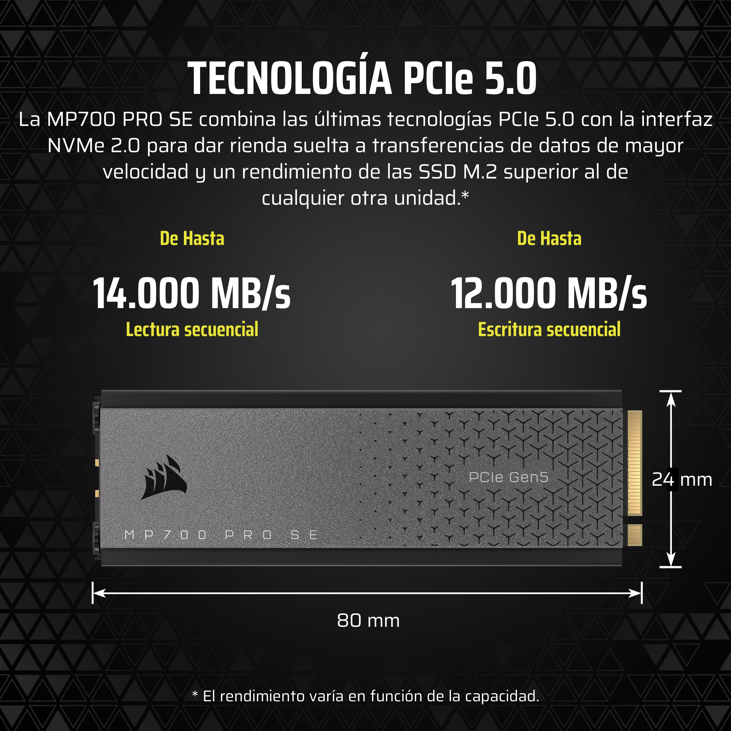 Corsair MP700 Pro SE con Refrigerador de Aire 4 TB PCIe 5.0 x4 NVMe 2.0 M.2 SSD – M.2 2280 – hasta 14.000 MB/s de Lectura Secuencial – 3D TLC NAND de Alta Densidad – Negro