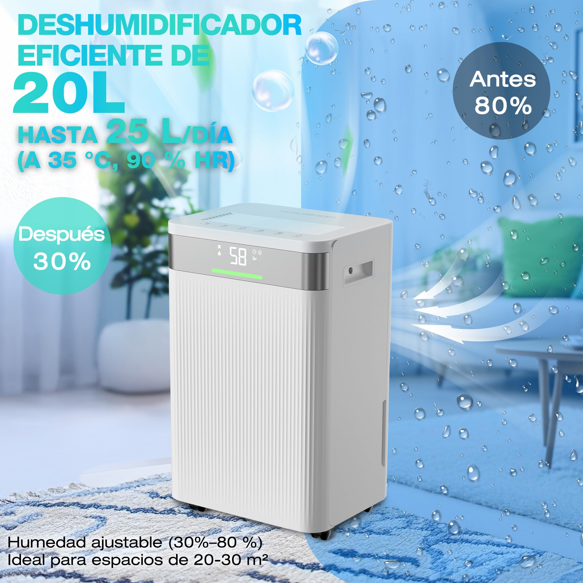 HAUSHOF Deshumidificador Eléctrico 20 L/Día, 41 dB Silencioso con Iones Negativos, Depósito 4,5 L y Pantalla LED, 3 Modos, Portátil para Dormitorios, Salón y Sótano (30 m²) | con Iones Negativos, Depósito 4,5 L y Pantalla LED, 3 Modos, Portátil para Dormi