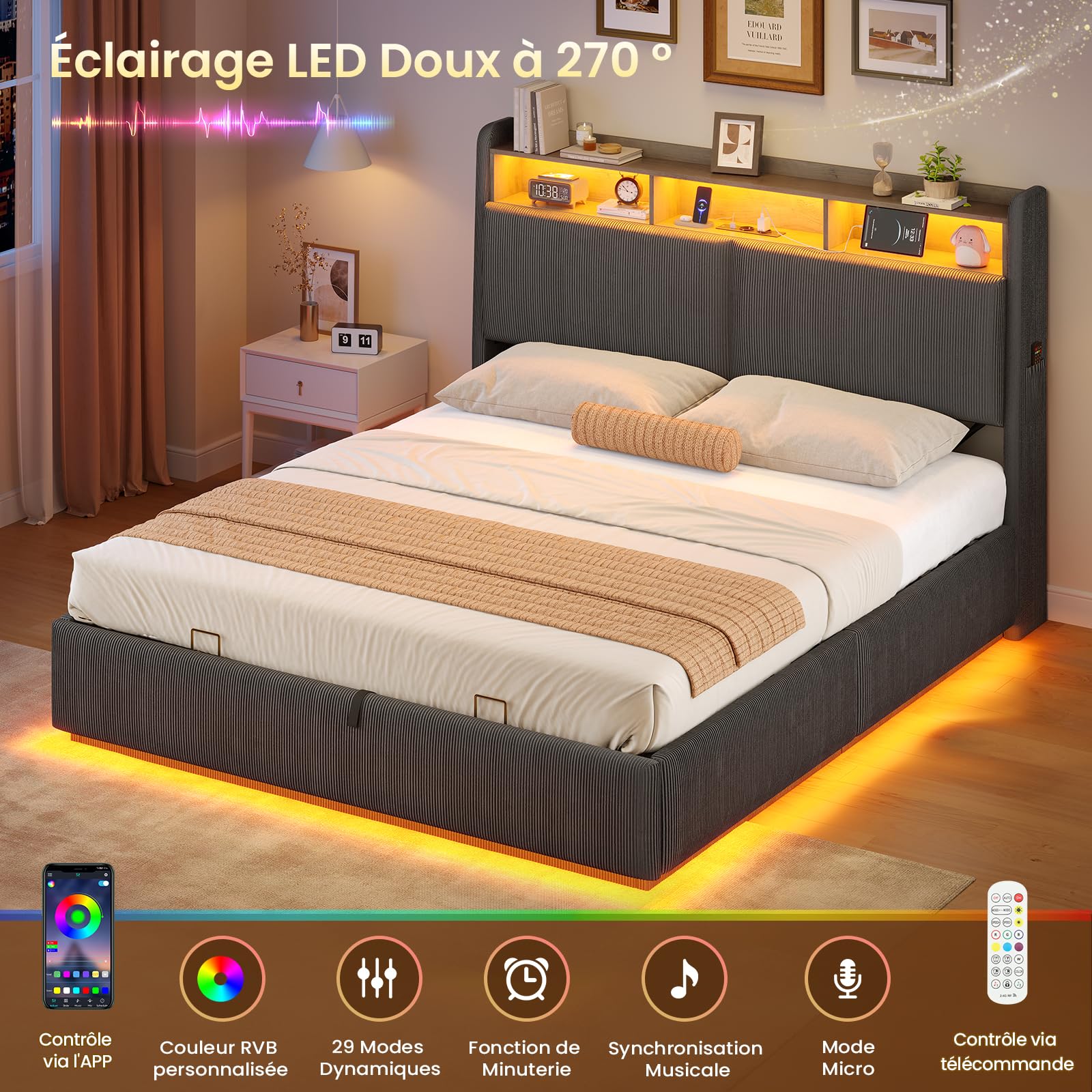 AOGLLATI Cama Matrimonial 140x190 con Almacenamiento Hidráulico | Cama Juvenil con Cabecero, Cama Canape con 270° LED y Carga Integrada, Somier Estructura de Cama Listones Madera, Pana Gris