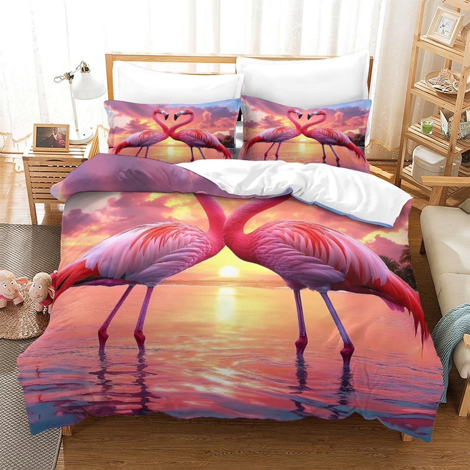 Flamingo-Pärchen 3D-Druck 3er-Set Steppbezug Tropische Sonnenuntergangsszene Bettdeckenbezug Mikrofaser Atmungsaktiv Staubmilbenfest für Jugendliche Männer Erwachsene King（220x240cm）