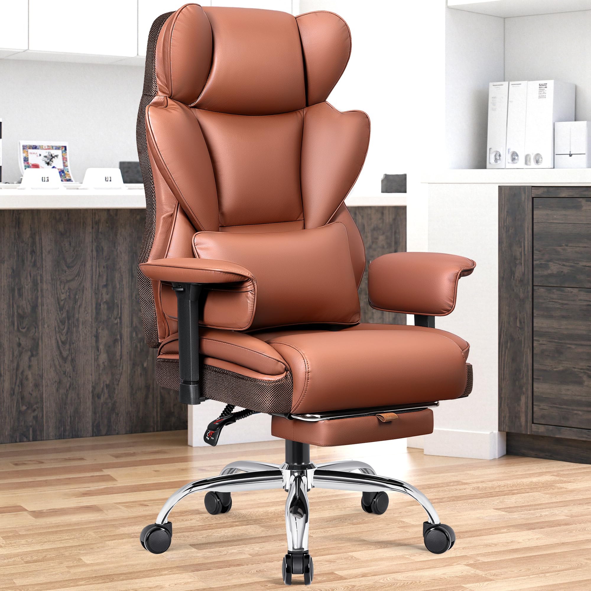 Sedia Ufficio ampia, Sedia direzionale ergonomica con poggiapiedi 165° schienale regolabile sedia gaming casa in ecopelle 150-200KG, Marrone