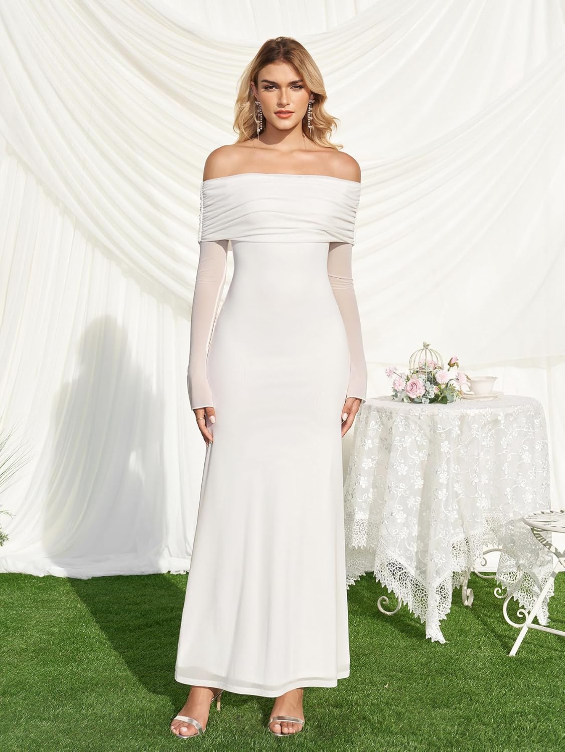 KUTUMAI Women Off Shoulder Bodycon Maxi Dress Long Sleeve Mesh Ruched Party Formal Wedding Guest Dresses - Image 5