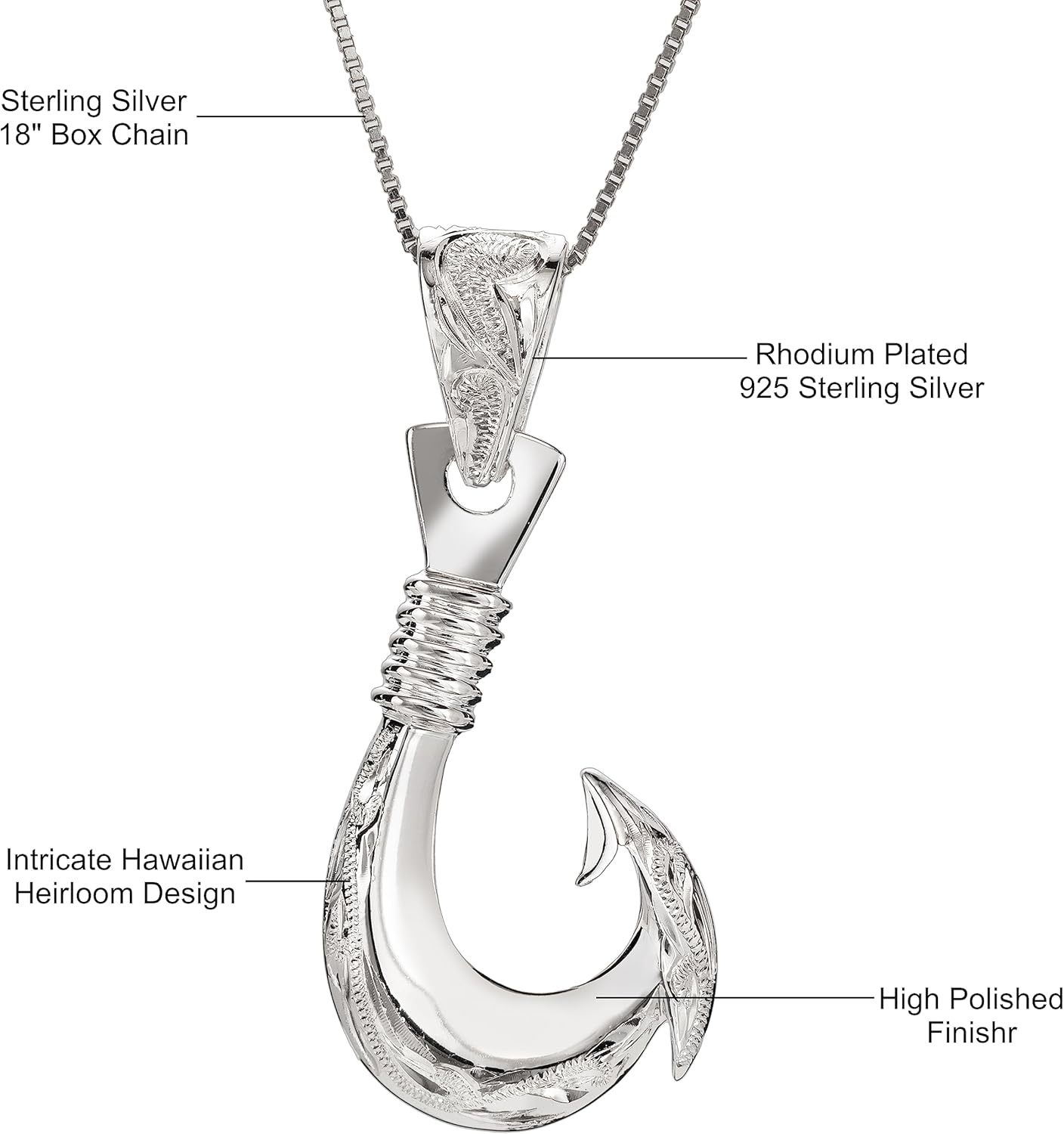 925 Sterling Silver Rhodium Plated Hawaiian Fishhook Angle Necklace Pendant, Nickel Free Hypoallergenic for Sensitive Skin, Heirloom Scroll, with 18” Box Chain and Gift Box