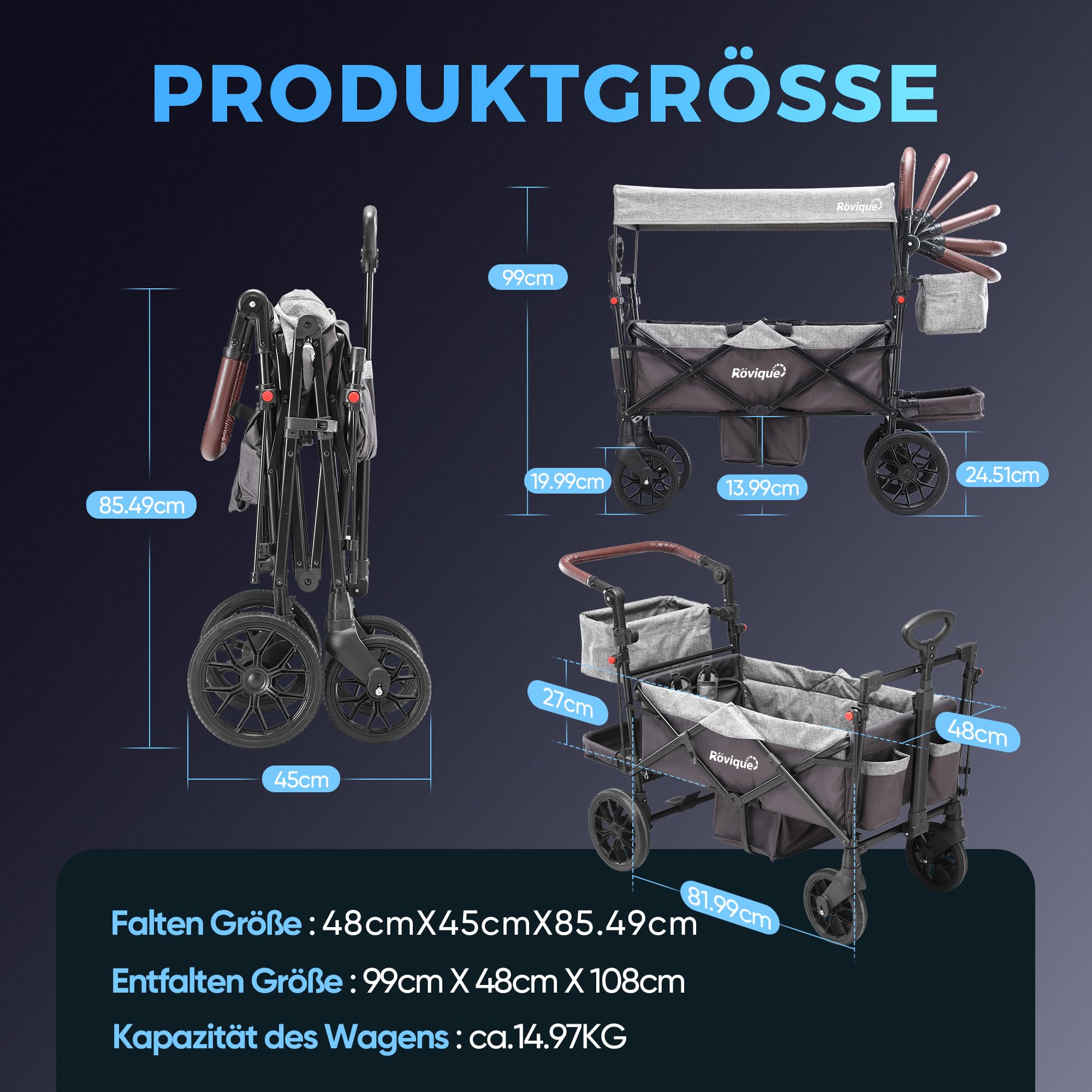 Bollerwagen für 2 Kinder, faltbarer Kleinkinderwagen mit Dach und abnehmbarem Tablett,Tür mit Reißverschluss,5-Punkt-Gurt, verstellbarer Griff, Bollerwagen mit Sitz (Grau)