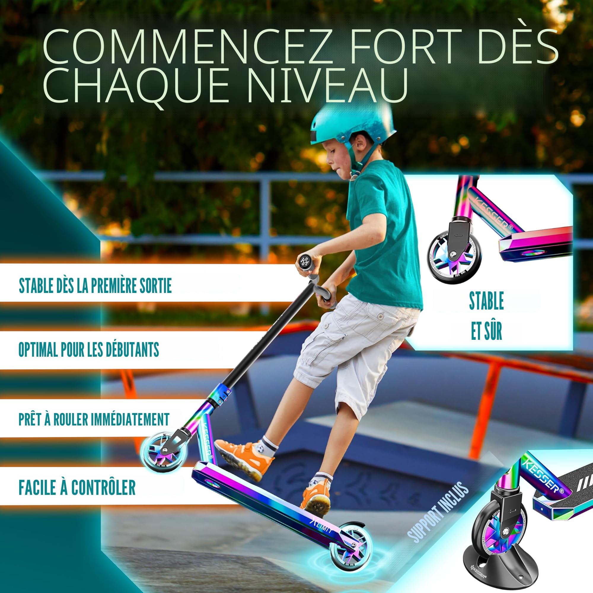 KESSER® Trougetinette de Freestyle X-Limit-Pro 360Ḟ Direction trougetinette Funscooter trougetinette de Freestyle avec béquille ABEC 9 roulements à Billes, Roues en PU 110 mm,