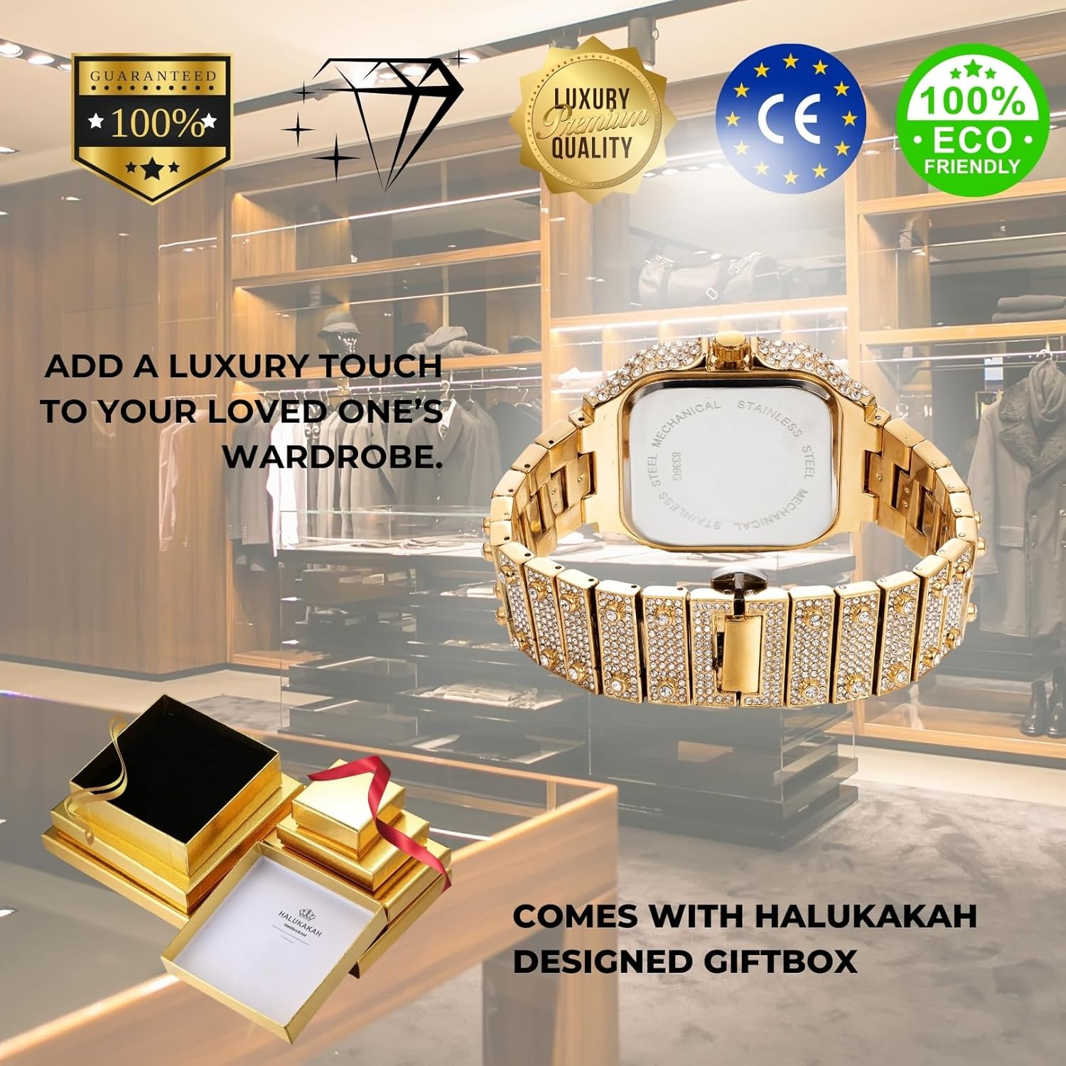 Halukakah Watch for Men - Moissanite Diamond Iced Out - Luxury 18k Real Gold/Platinum White Gold Plated,Japanese Quartz,55MM Rectangle Dial with Calendar,Heavy-Made,8.3" Wristband - Comes with Giftbox