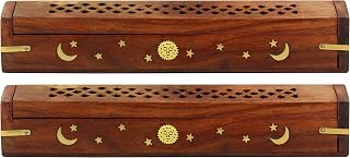 Cottoncraft Sheesham Wood Incense Burner Set of 2 - Handmade Coffin Style Sun Moon Brass Inlay, Ash Catcher & Hidden Storage - 12x2x2 Zen Aromatherapy Holder