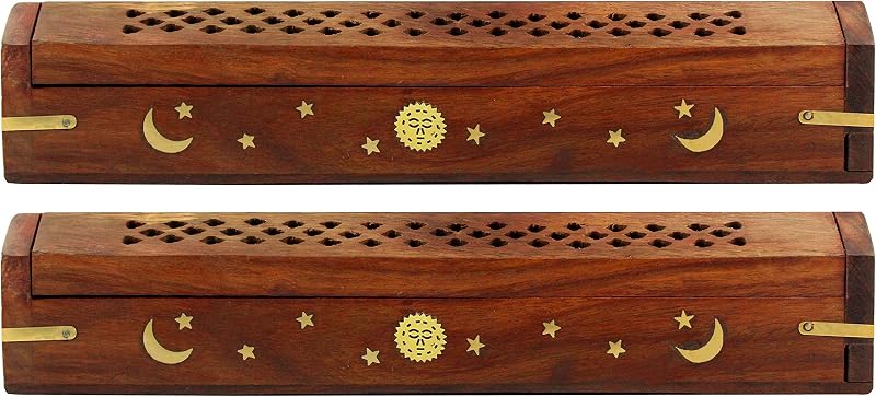 COTTON CRAFT Soporte para quemador de incienso de madera de Sheesham - Juego de 2 quemadores de incienso | Estilo ataúd Sun Moon Inlay hecho a mano aromaterapia ambientador fragancia cono incienso quemador ceniza Catcher - 12x2x2