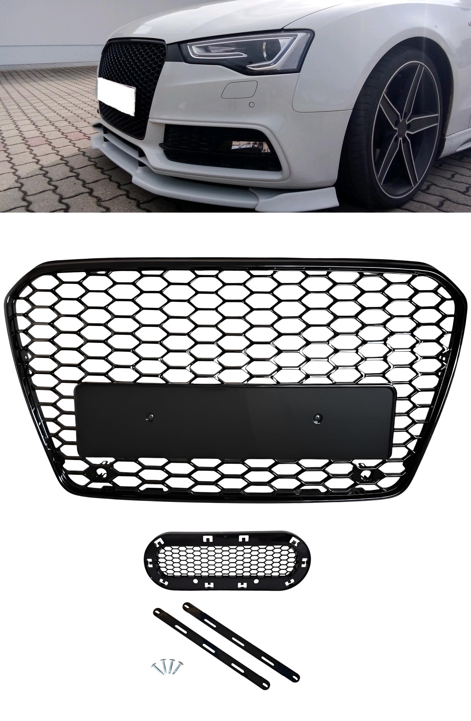 Kompatybilny z A5 S5 12-16 grill o strukturze plastra miodu, czarny, błyszczący, z uchwytem na emblemat