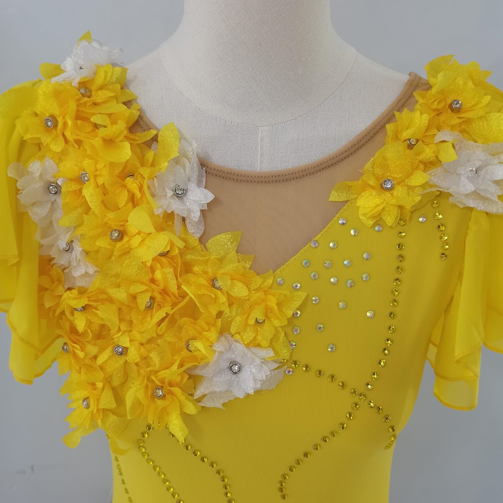 LIUHUO Robe de patinage artistique à manches courtes en dentelle jaune pour filles et femmes