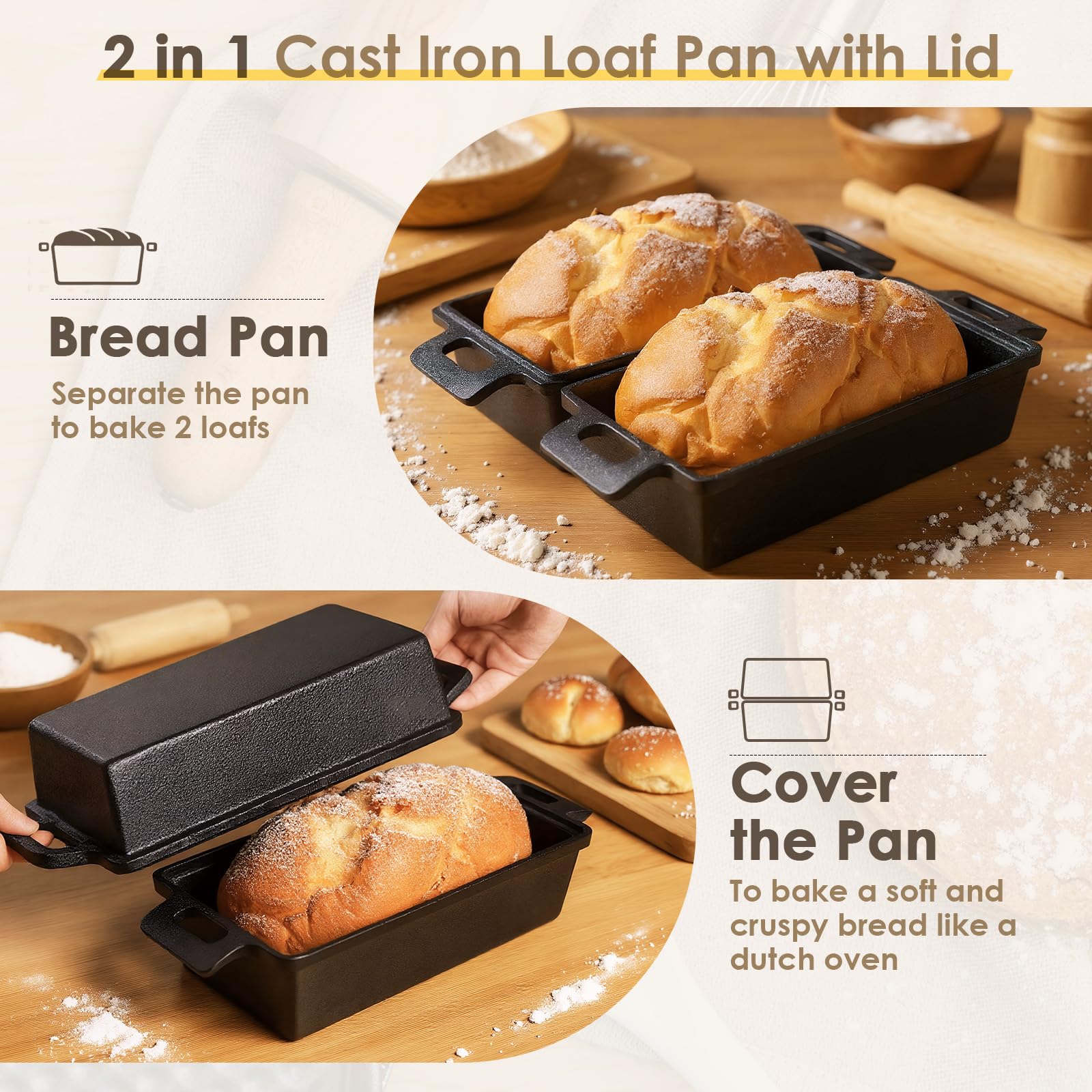 Amazon.co.jp: VONATES 9×5インチ 鋳鉄製ローフパン 蓋付き 自家製パン