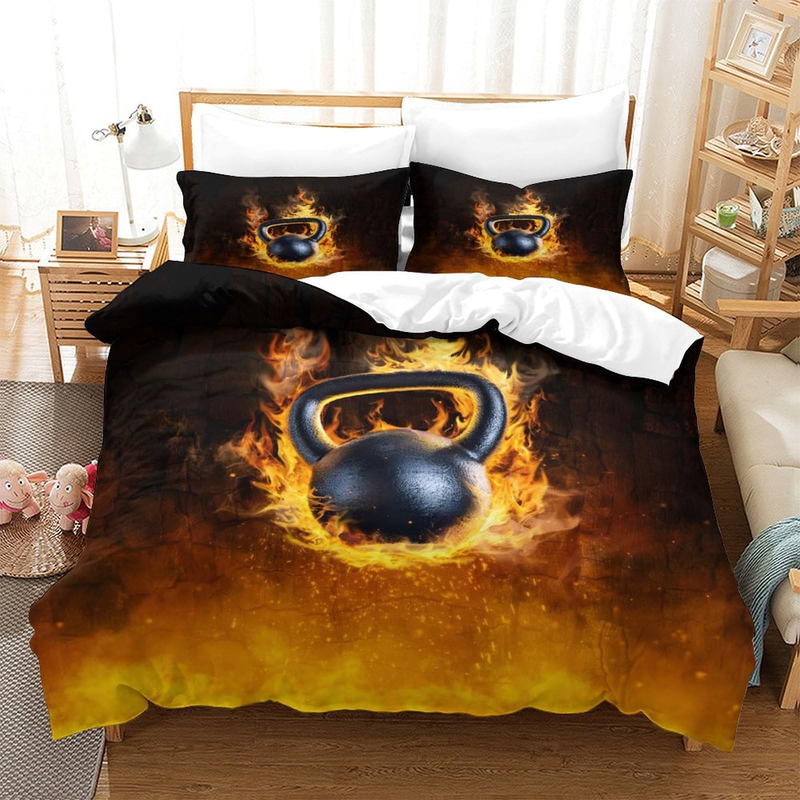 Burning Kettlebell Sports Theme Teens Soft Microfiber Bedding Set Full Size 3Pcs Comforter Set with Zipper Closure Ultra Soft Quilt Set Duvet Cover Set Breathable Room Decor Single（140x200cm）