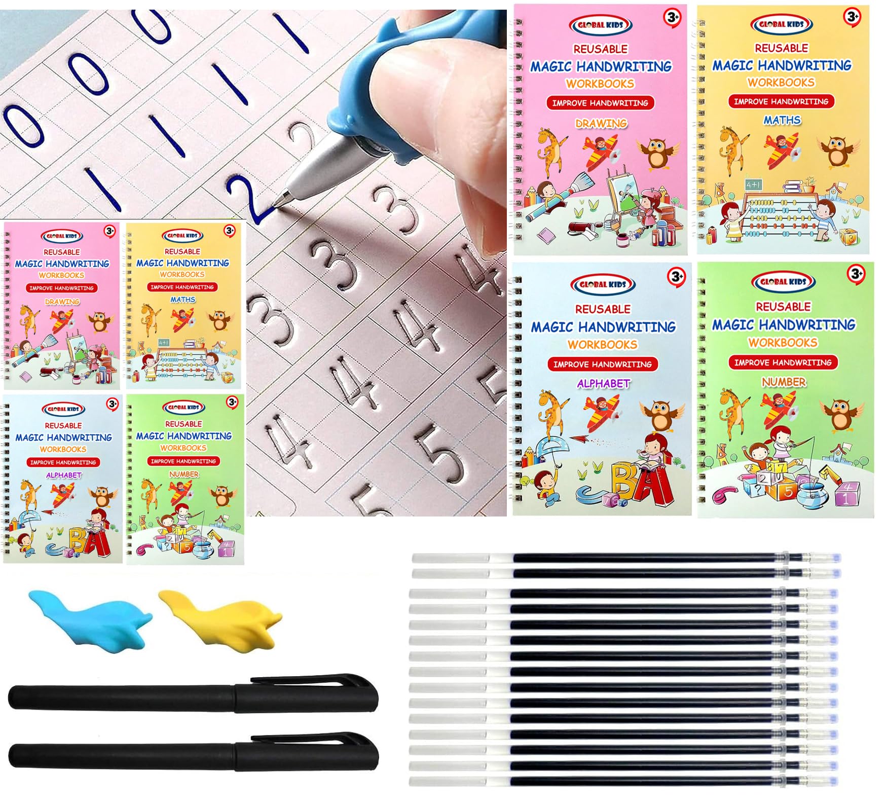 Global Kids-English Magic Practice Copy Book for Pre-School Kids,Re-Usable Drawing,Alphabet,Numbers and Math Exercise for Children (4-Book Set,10-Refill,1-Pen,1-Grip) for Kids