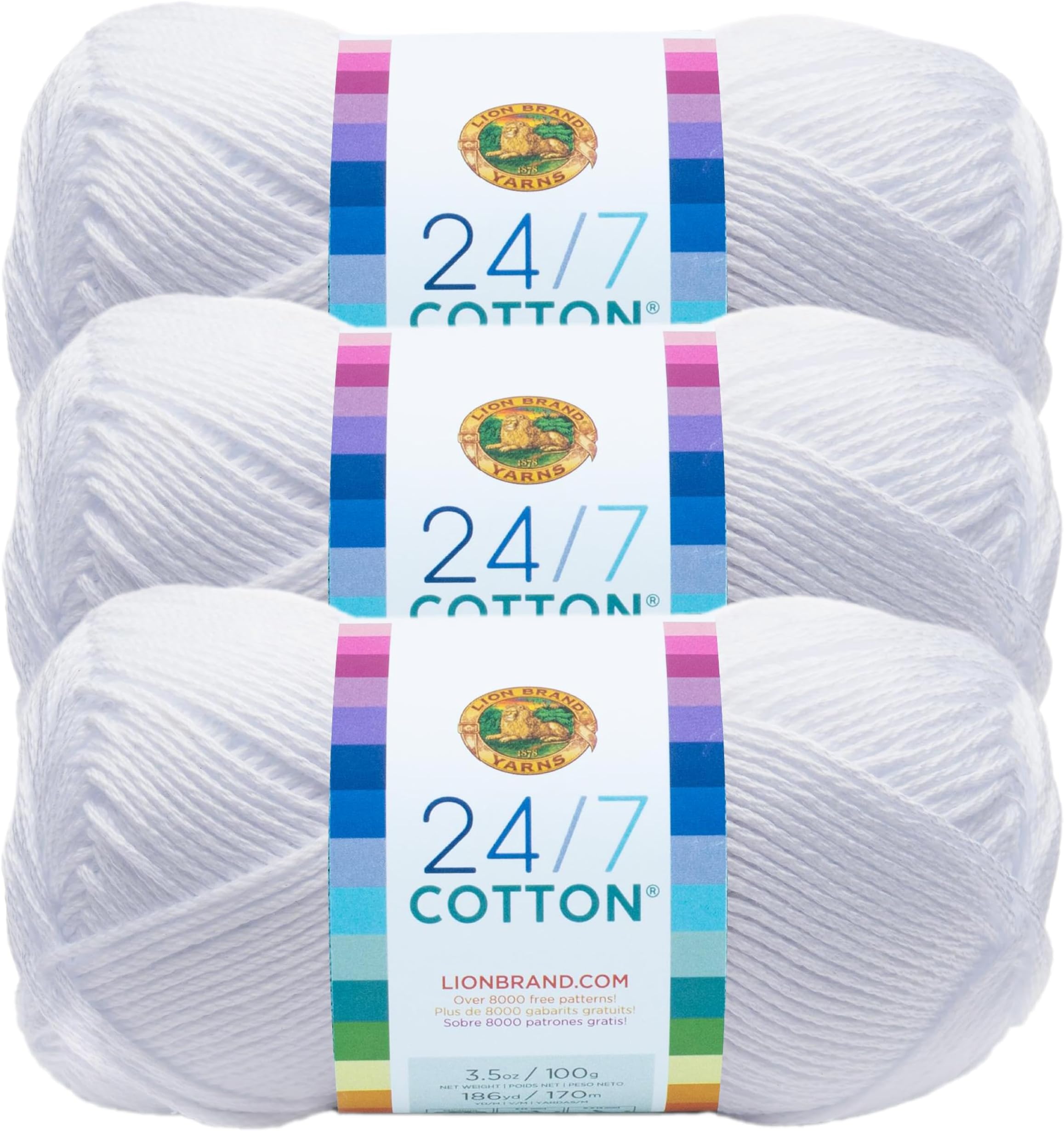 Lion Brand Yarn, 24/7 Cotton Mercerized Lightweight Yarn for Knitting, Crochet, and Crafts, White, 3 Pack, 185 Yards of Natural Fiber for Breathable Tops, Durable Bags, and Easy-Care Dish Cloths