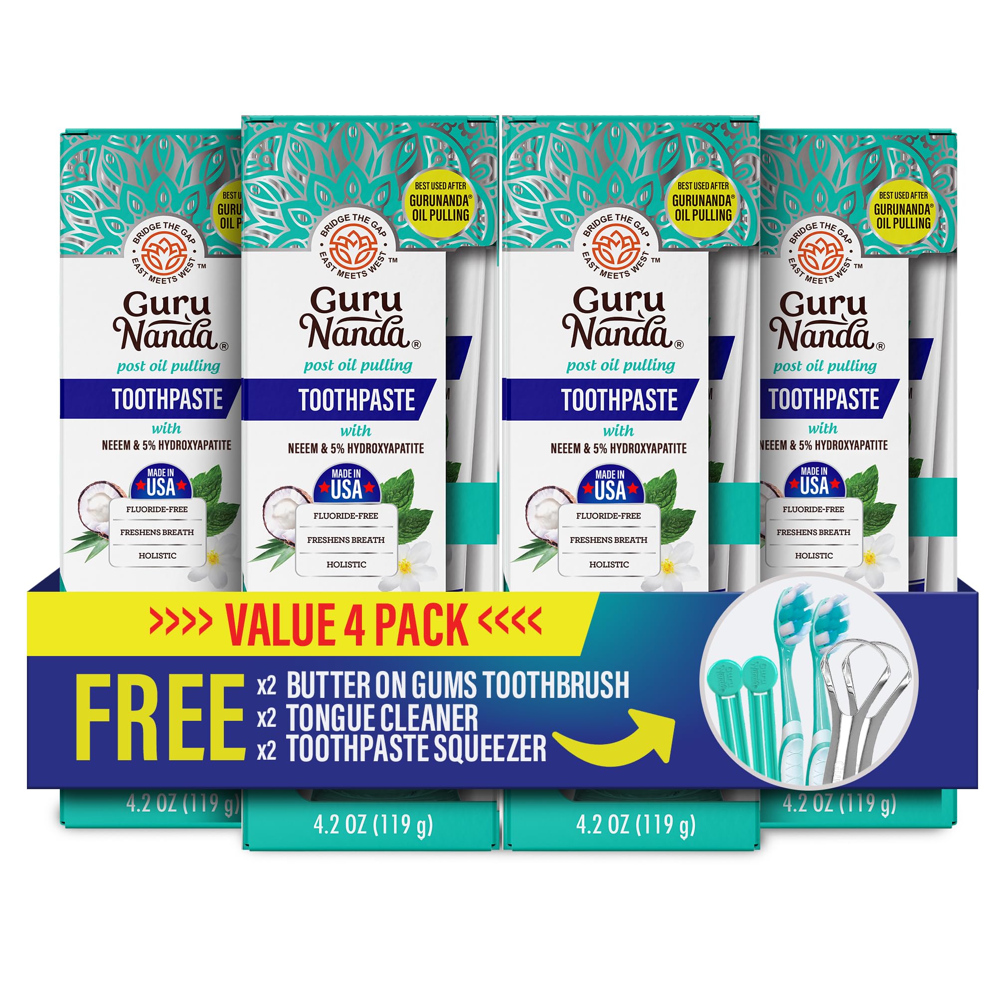 Hydroxyapatite Toothpaste, SLS & Fluoride Free (4 Pack), Whitening Toothpaste - Freshens Breath, Fights Plaque - with 2 Toothbrushes, 2 Tongue Scrapers & 2 Tube Squeezers