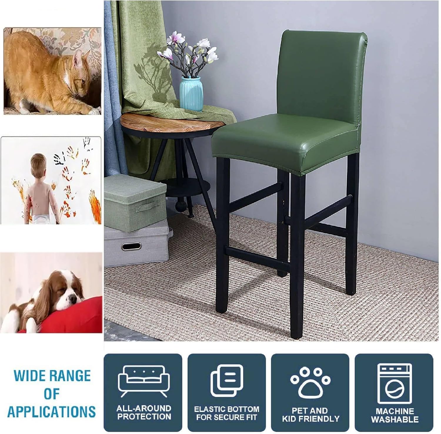PU Bar Stool Covers, Solid Color High Back Chair Slipcover Counter Height Stool Slipcover, Barstool Cushion Washable Dustproof Barstool Seat Slipcover,Emerald Green,4pcs