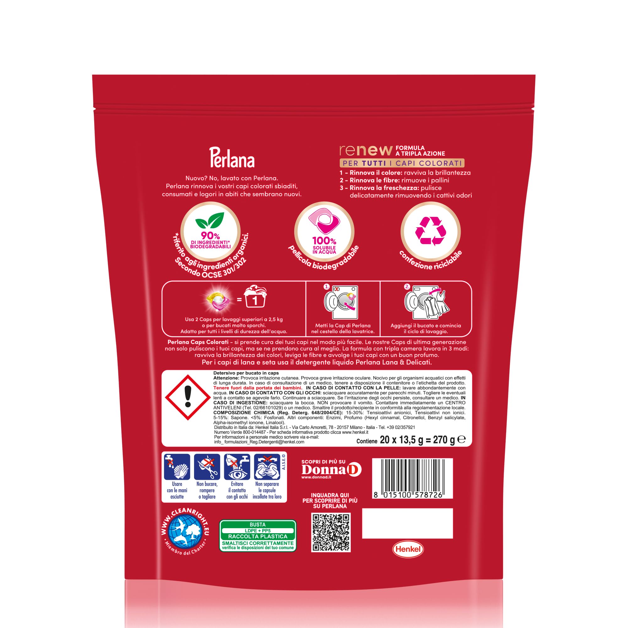 Perlana Detersivo Colorati Caps (6 confezioni da 20 Caps), Detersivo lavatrice capsule per tutti i capi colorati, Detersivo colorati per pulizia delicata e colori e fibre rinnovati