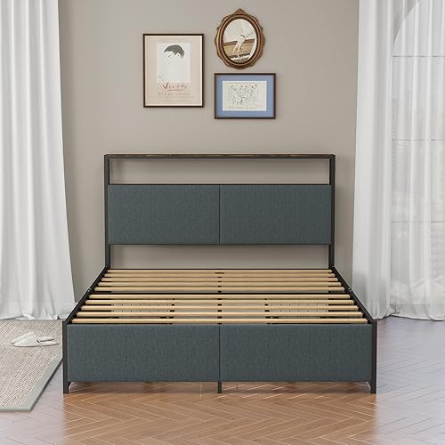 Miniatura 4 de Panana Base de cama Queen con cabecera de almacenamiento, cama de plataforma con 4 cajones, no necesita somier, fácil montaje, tela gris Tela