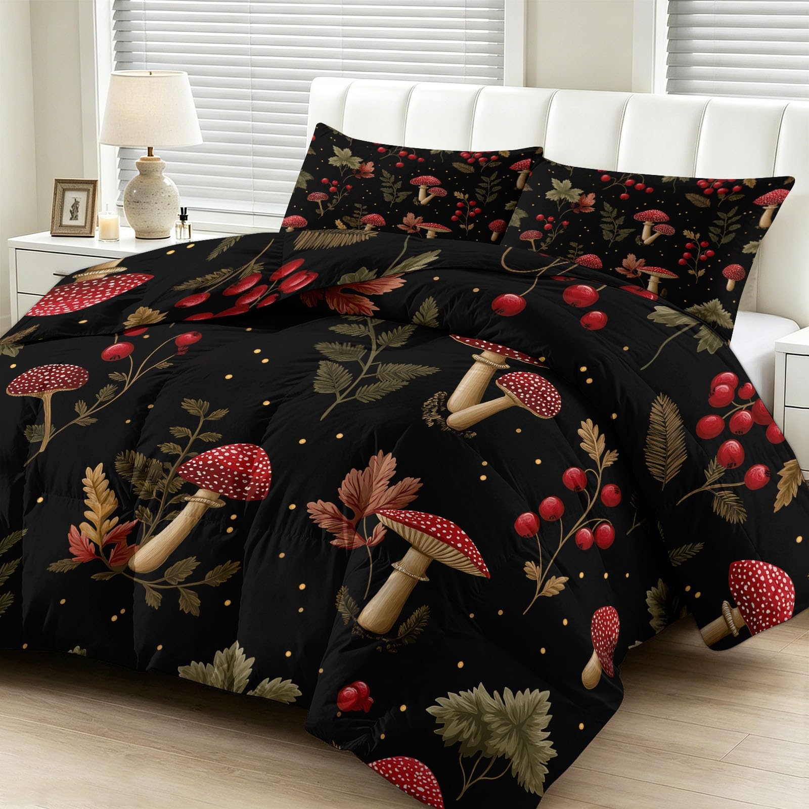 Wald Farnpflanze Roter Pilz Beeren Bettdecke 220 x 240 cm 4 Jahreszeiten, Vintage Rustikal Weich Leicht Bettdecke Ohne Bezug Warm Steppdecke Ganzjahresdecke Kühldecke Mit 2 Kissenbezug