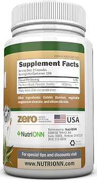 NutriONN Psyllium Husk Capsules - 1450mg - 240 Capsules - Made in USA - Double Strength - Premium Psyllium Fiber Supplement - Great for Digestion and Regularity - Non-GMO