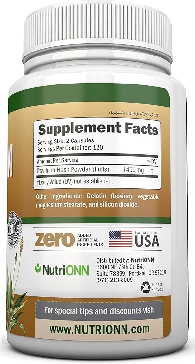 NutriONN Psyllium Husk Capsules - 1450mg - 240 Capsules - Made in USA - Double Strength - Premium Psyllium Fiber Supplement - Great for Digestion and Regularity - Non-GMO