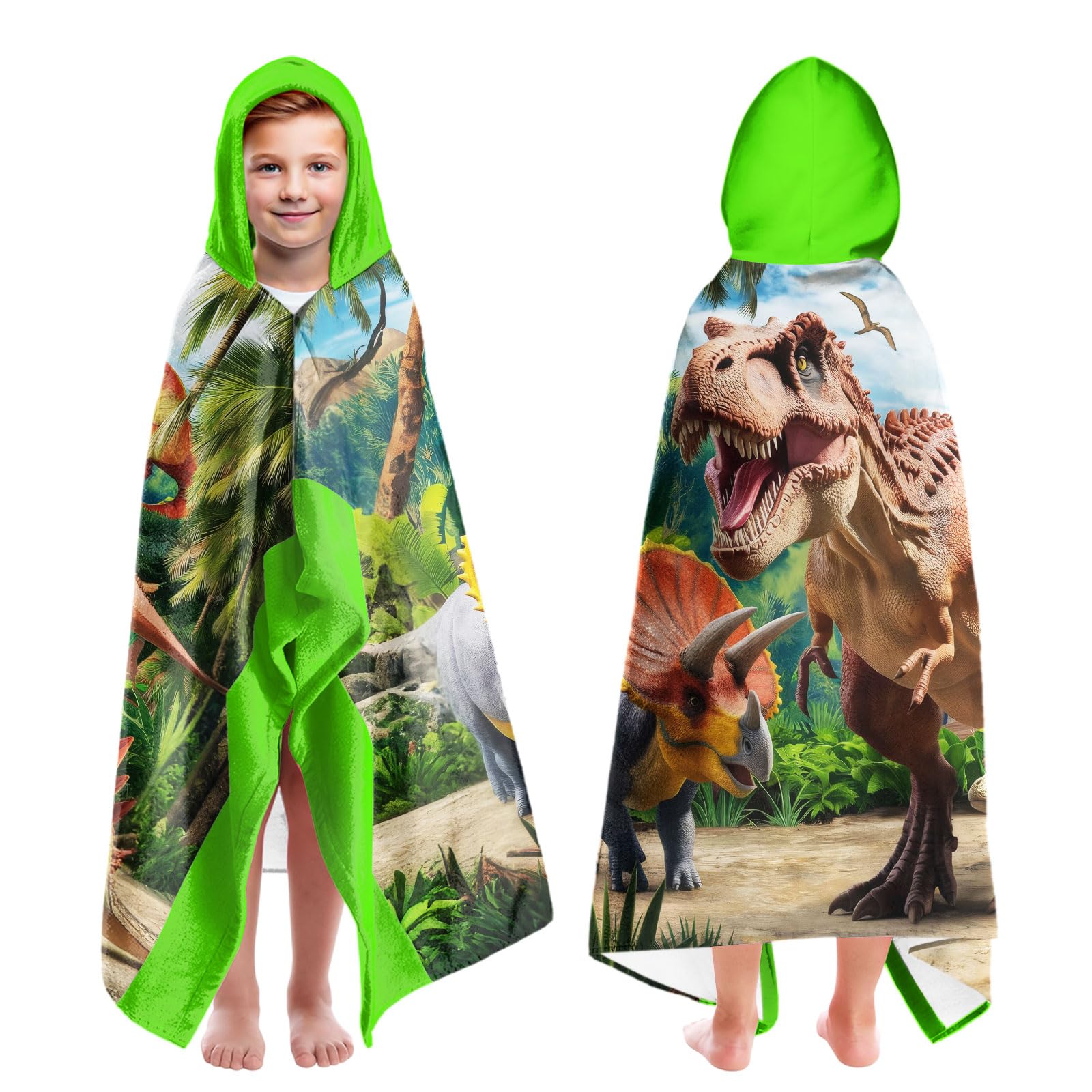 Dinosaur Hooded Beach Towel For Kids – 30x50 Inch Quick-Dry Bath Towel Wrap With Snap Buttons, Perfect For Pool, Beach, Swimming