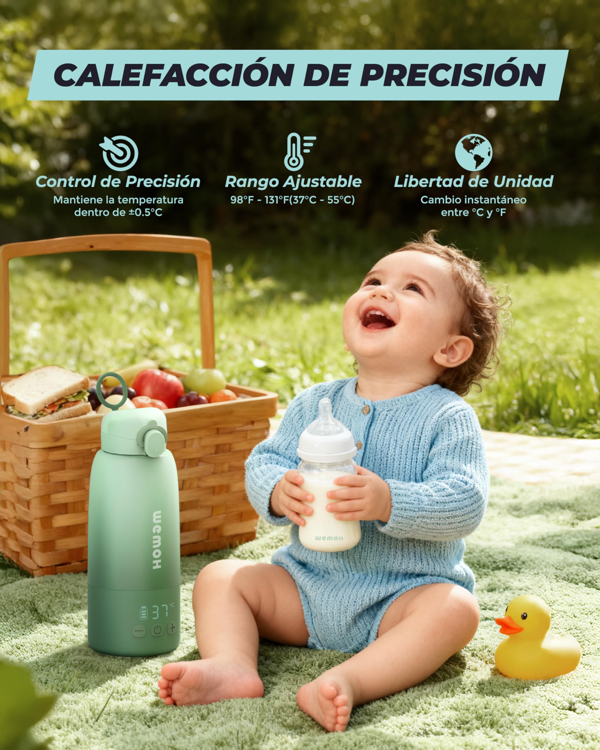 Calientabiberones Portátil: Autolimpieza, control temperatura, 8 tomas/carga, 450ml, 100W para leche materna, fórmula y agua