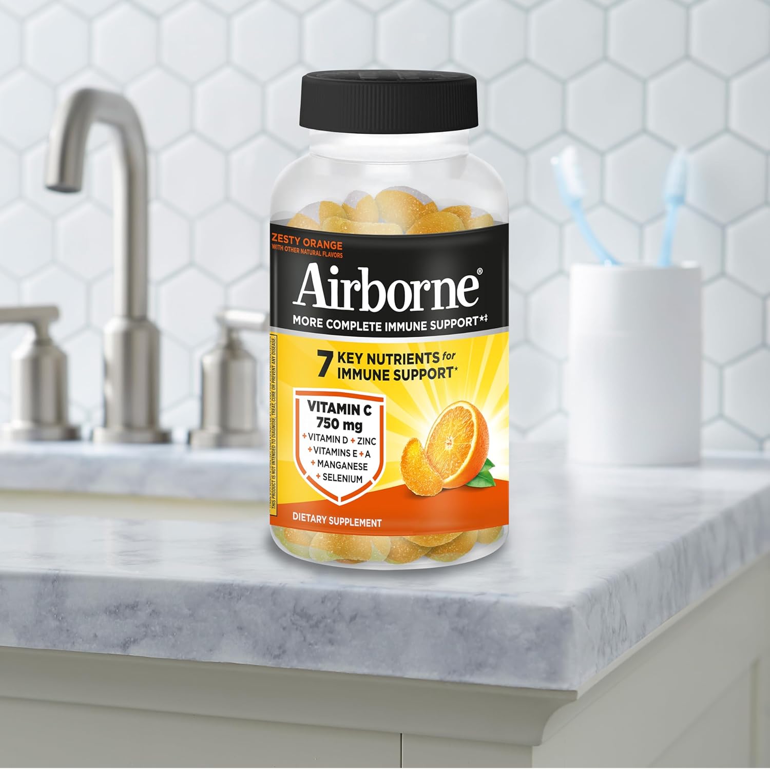 Airborne Vitamin C 750mg (per Serving) Zesty Orange Flavored Gummies (63 Count in a Bottle), Gluten-Free Immune Support Supplement with Vitamins A C E, Selenium, Echinacea & Ginger