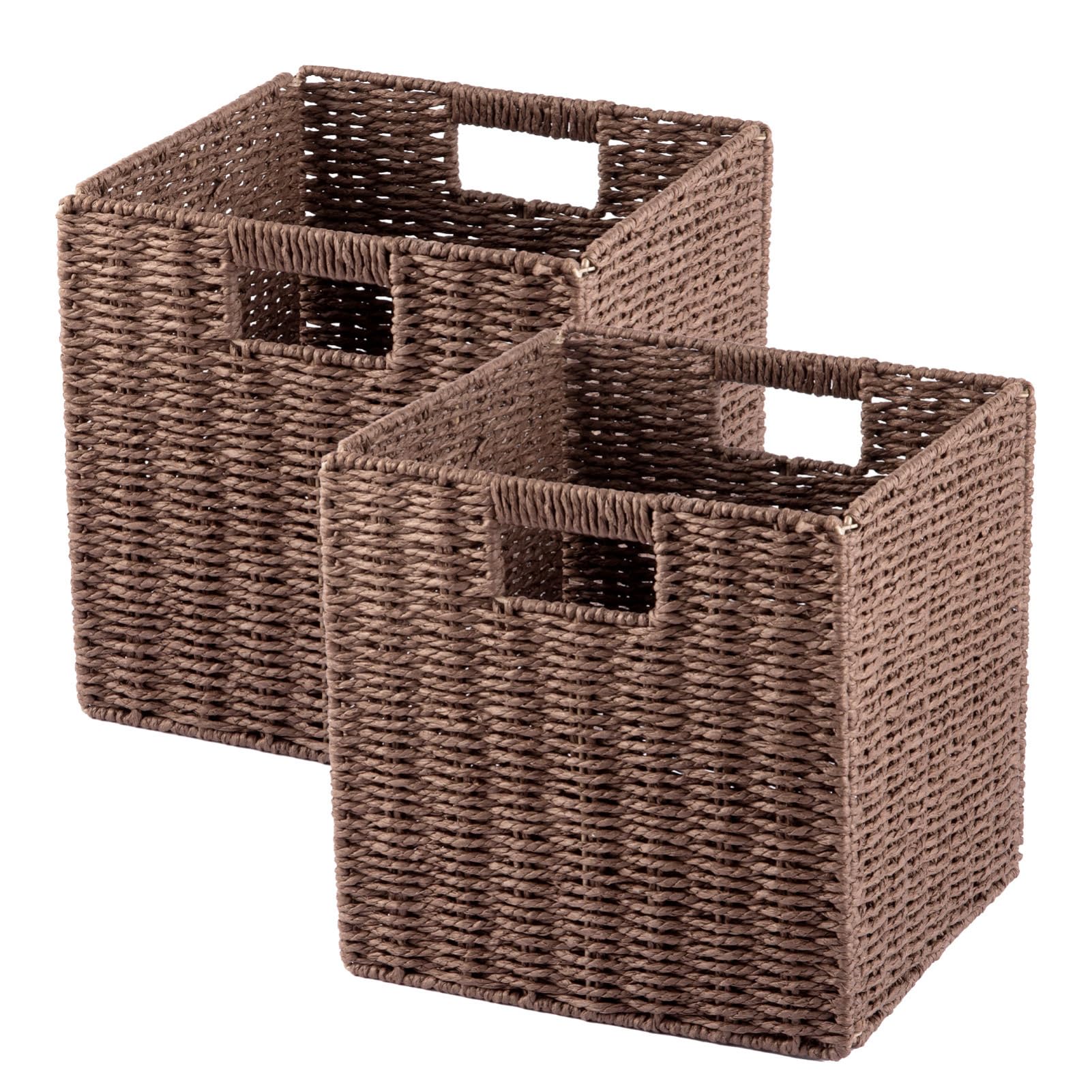 LN COZY CORNER 2-Pack Faux Wicker Storage Baskets with Handles Foldable Organizer Bins for Shelves, Cube Storage Home Decor Ideal for Toys Laundry & Closet Organization (Brown, M)