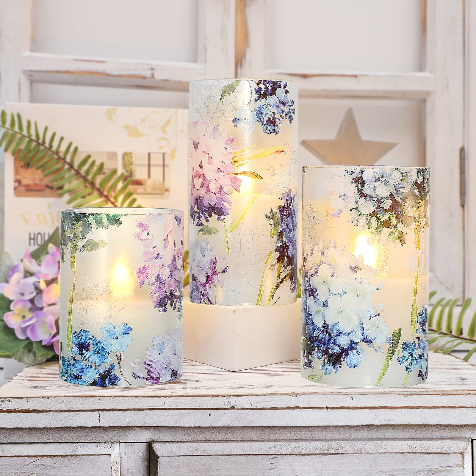 Velas decorativas sin llama, juego de 3 calcomanías de hortensia azul parpadeante con efecto de vidrio, luces de velas con pilas para regalo de Navidad, decoración de boda, hogar