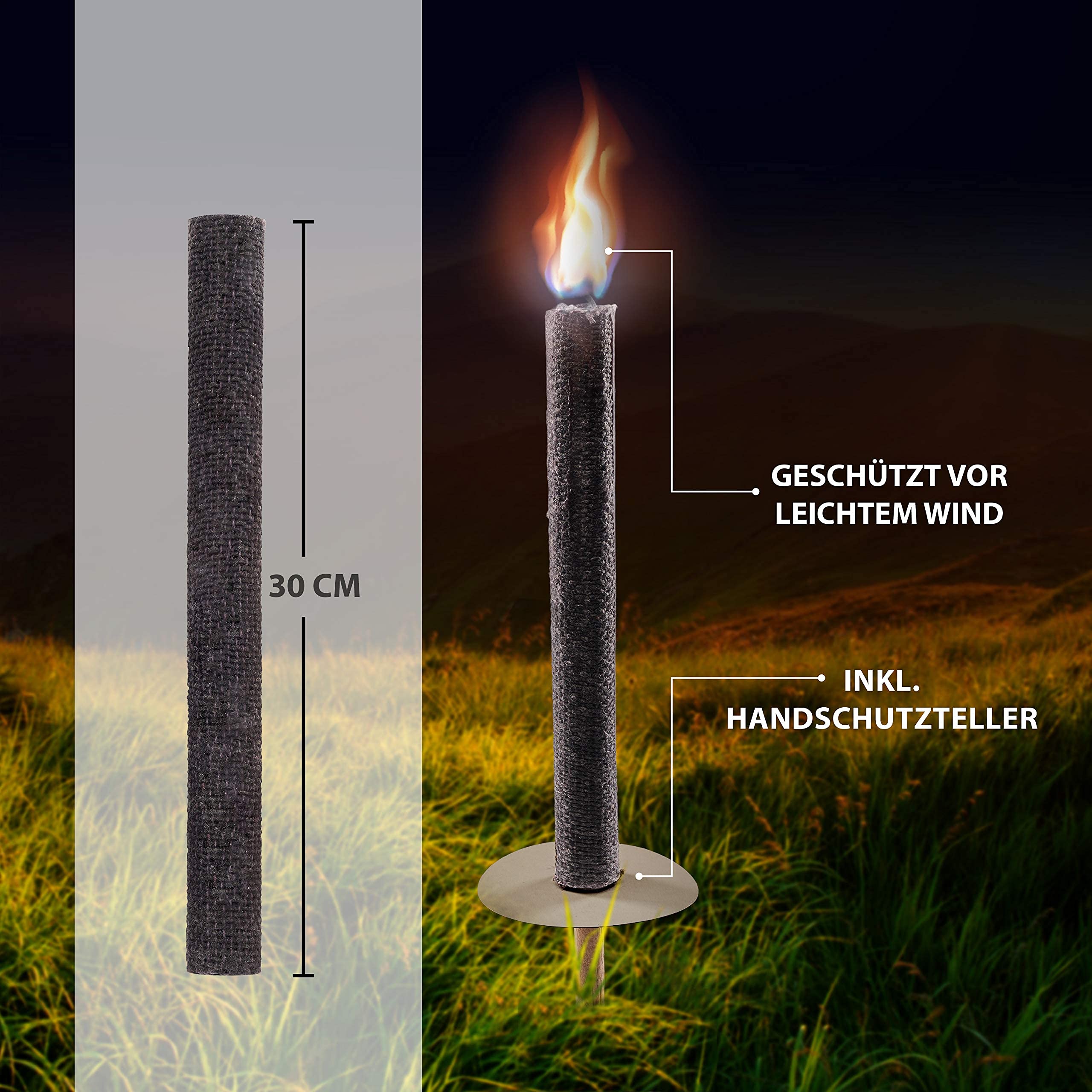Panteer ® Fackeln für draußen - 10 Stück 45 Min. Brenndauer - Made in Germany - Für eine Wanderung mit Kindern oder Freunden, ideal im Garten oder zu Ostern/Silvester - Mit Handschutz