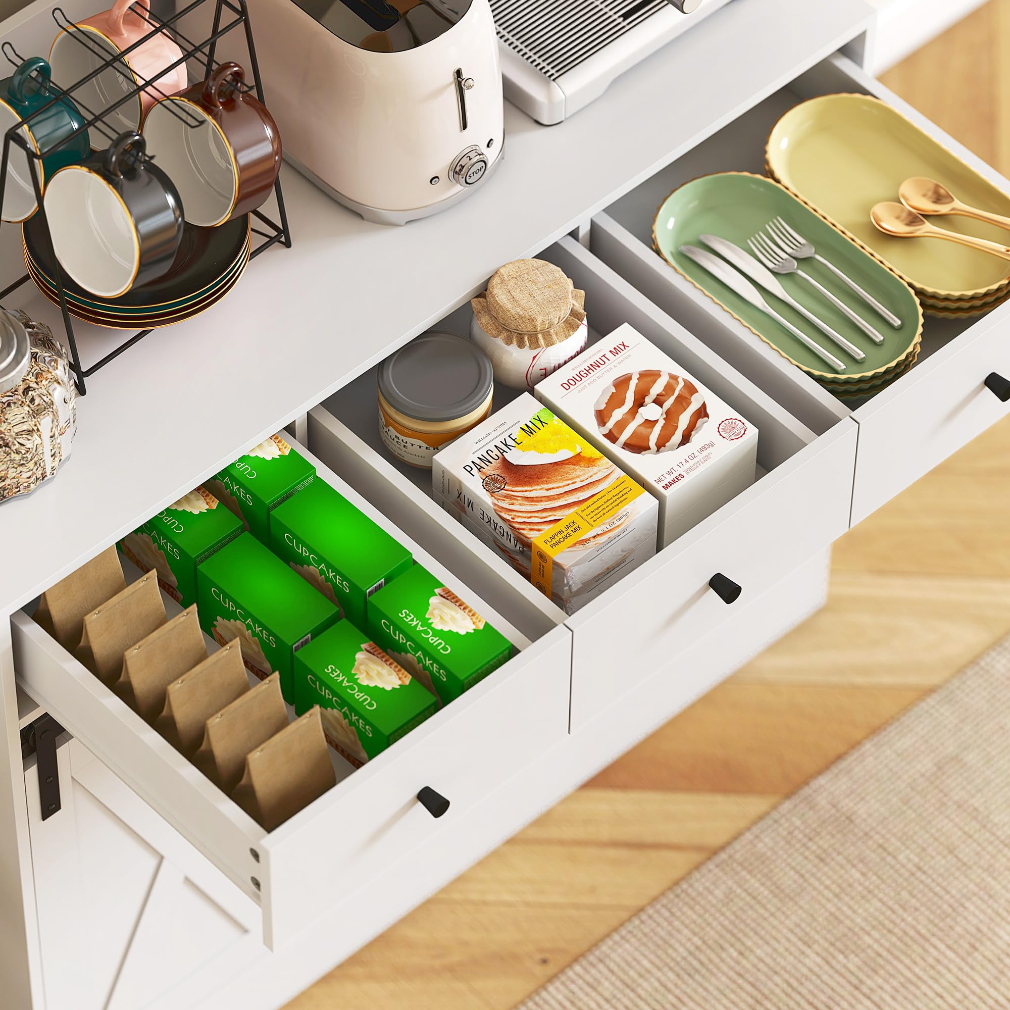 HOMCOM Alacena de Cocina Mueble Auxiliar con Encimera para Microondas, 2 Puertas Corredizas y 3 Cajones, Estantes Regulables, Estilo Granja, 93,5x40x180 cm Blanco