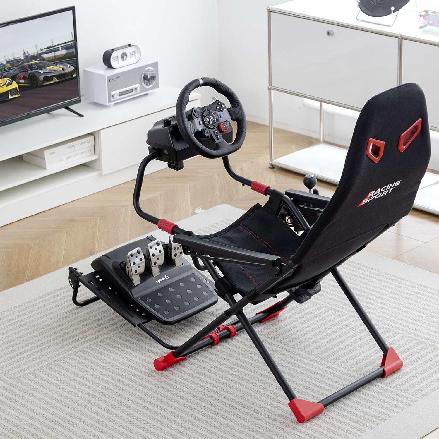 Amstrad AMS-Racing-SIM Siège de simulateur Auto avec Support pour Volant & Levier de Vitesse - 3 Niveaux de réglage Hauteur