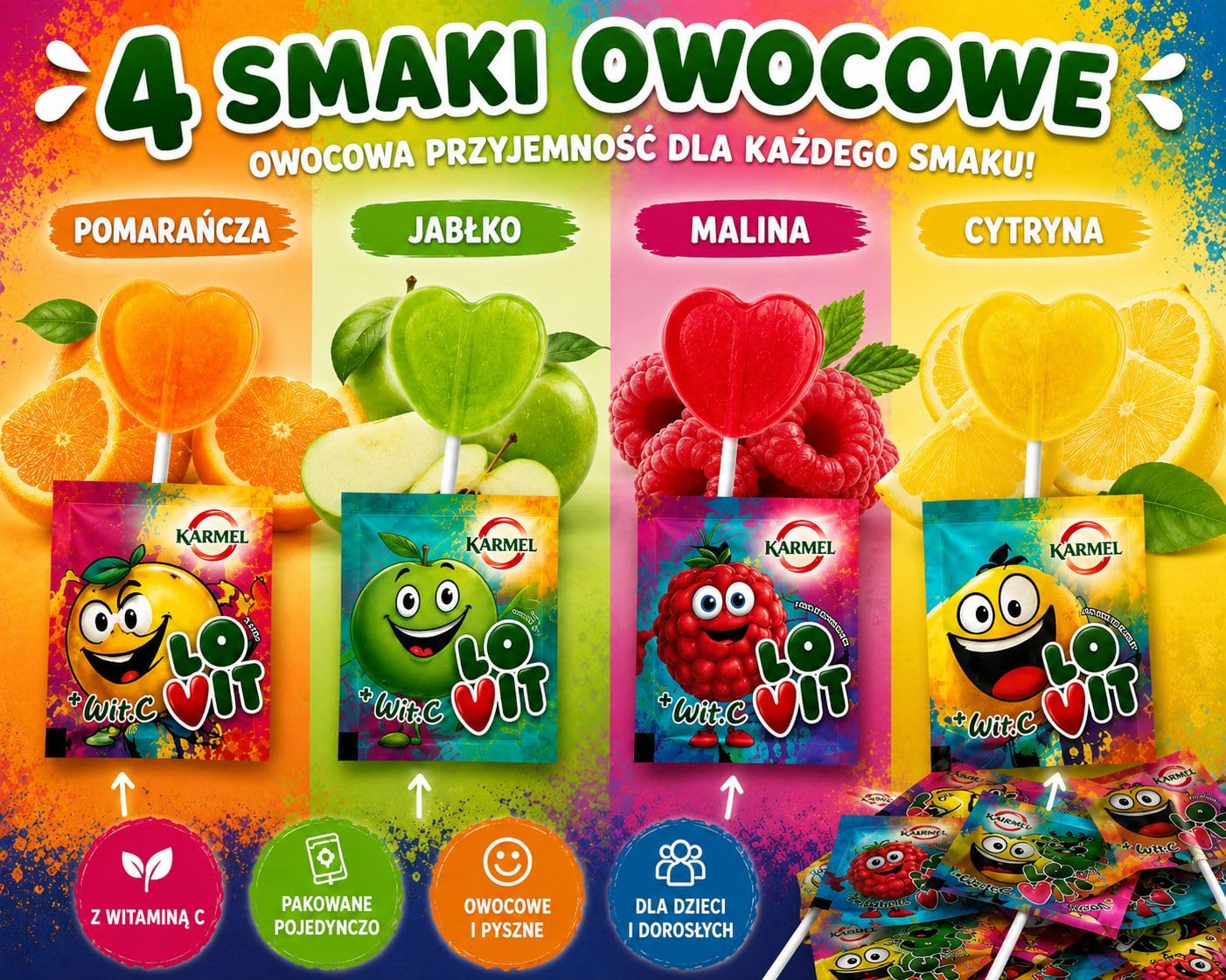 100 owocowych lizaków z witaminą C – 7 g każdy – 4 smaki: jabłkowy, cytrynowy, malinowy i pomarańczowy – pakowane pojedynczo lizaki na urodziny dla dzieci, batoniki i imprezy