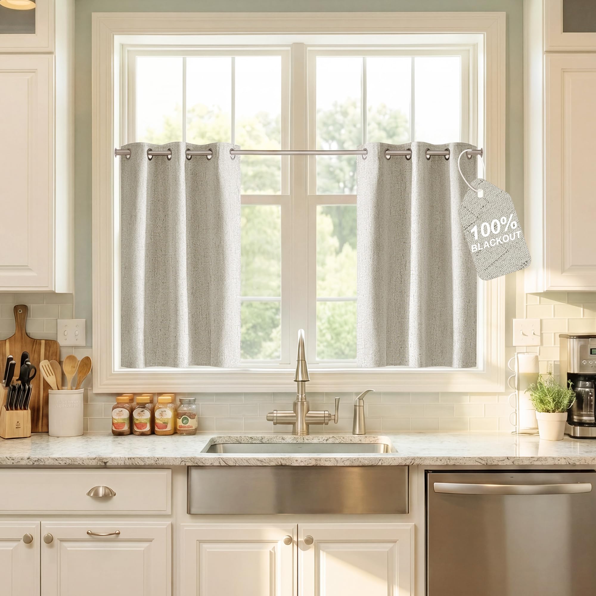 NICETOWN 100% Blackout Ivory Linen Curtains for Kitchen W34 x L40