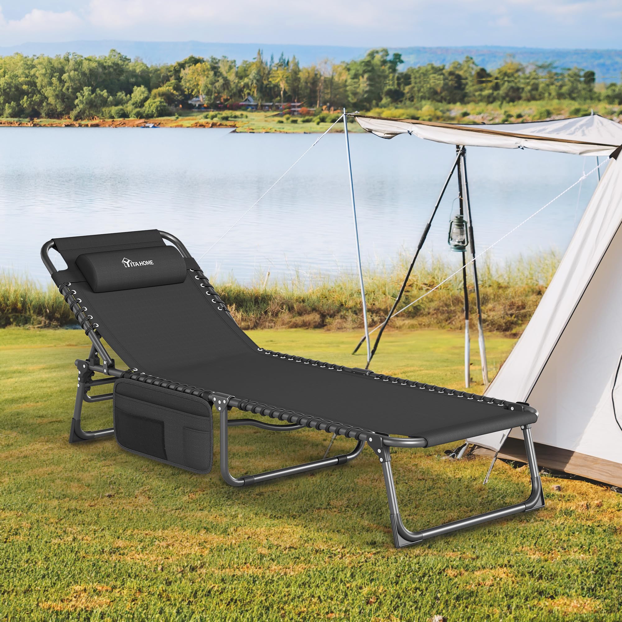 YITAHOME Lettino da Sole Pieghevole Set di 2 Lettino da Spiaggia Regolabile in 4 Posizioni, Lettino Prendisole con Poggiatesta e Tasca Capacità di Carico 300lbs per Giardino, Spiaggia, Campeggio, Nero