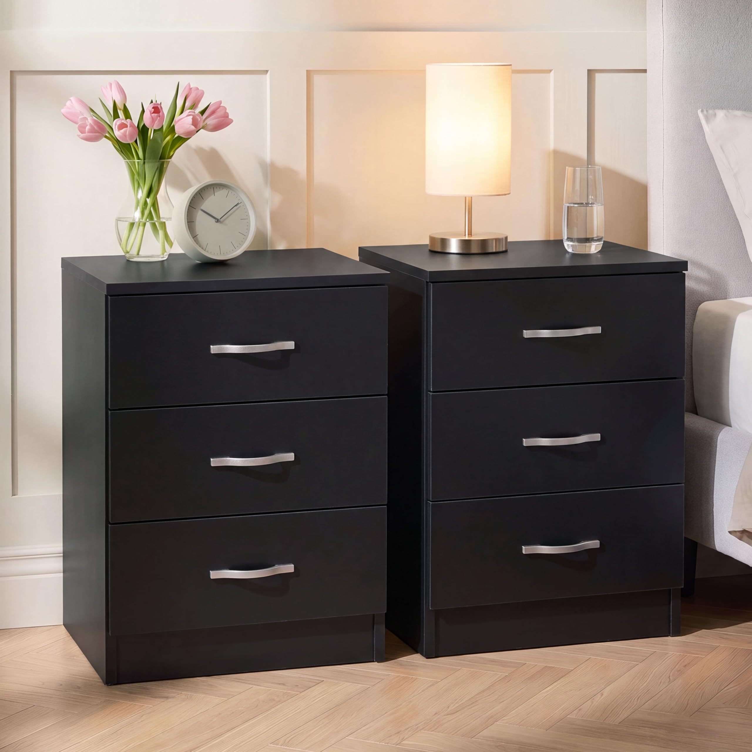 Vida Designs Riano 3 Drawer Bedside Chest Set of 2 | Black | Space-Saving Nightstands | 56H x 40W x 36D cm | Engineered Wood | Anti-Bowing Drawer Support | Ideal for Bedroom & Guest Room