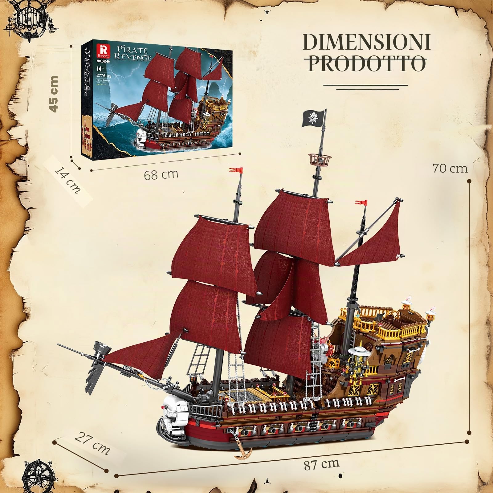Reobrix Kit di mattoncini per costruire una nave pirata, Kit di mattoncini per costruire il modello della nave Queen Anna's Revenge 66010, Giocattoli da costruzione Regalo per adulti 2776 pezzi