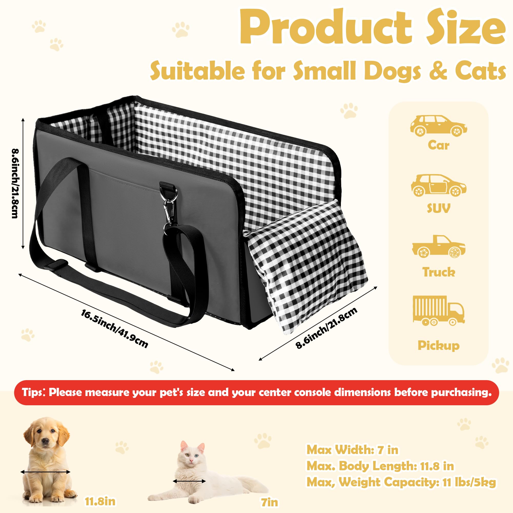 Siège de voiture pour petit chien – Console centrale imperméable pour animal domestique – Rehausseur de voiture amovible avec harnais de ceinture de sécurité – Coussin épais pour chiot et