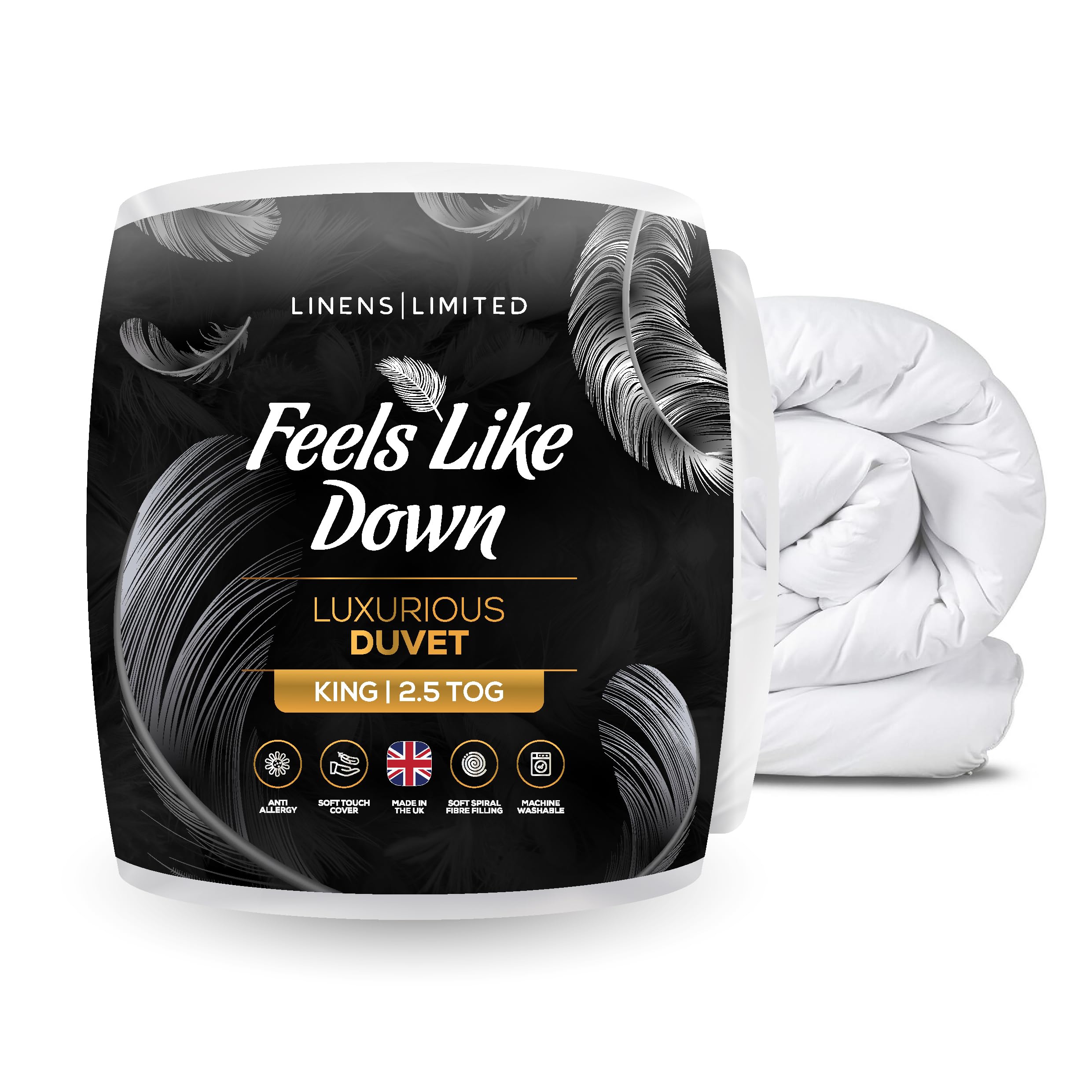 Linens Limited King Size Duvet 2.5 Tog, Made in the UK, Feels Like Down, Luxurious Quilt, Soft and Comfy, Ultra-Fine Siliconised Hollowfibre, Machine Washable (White)