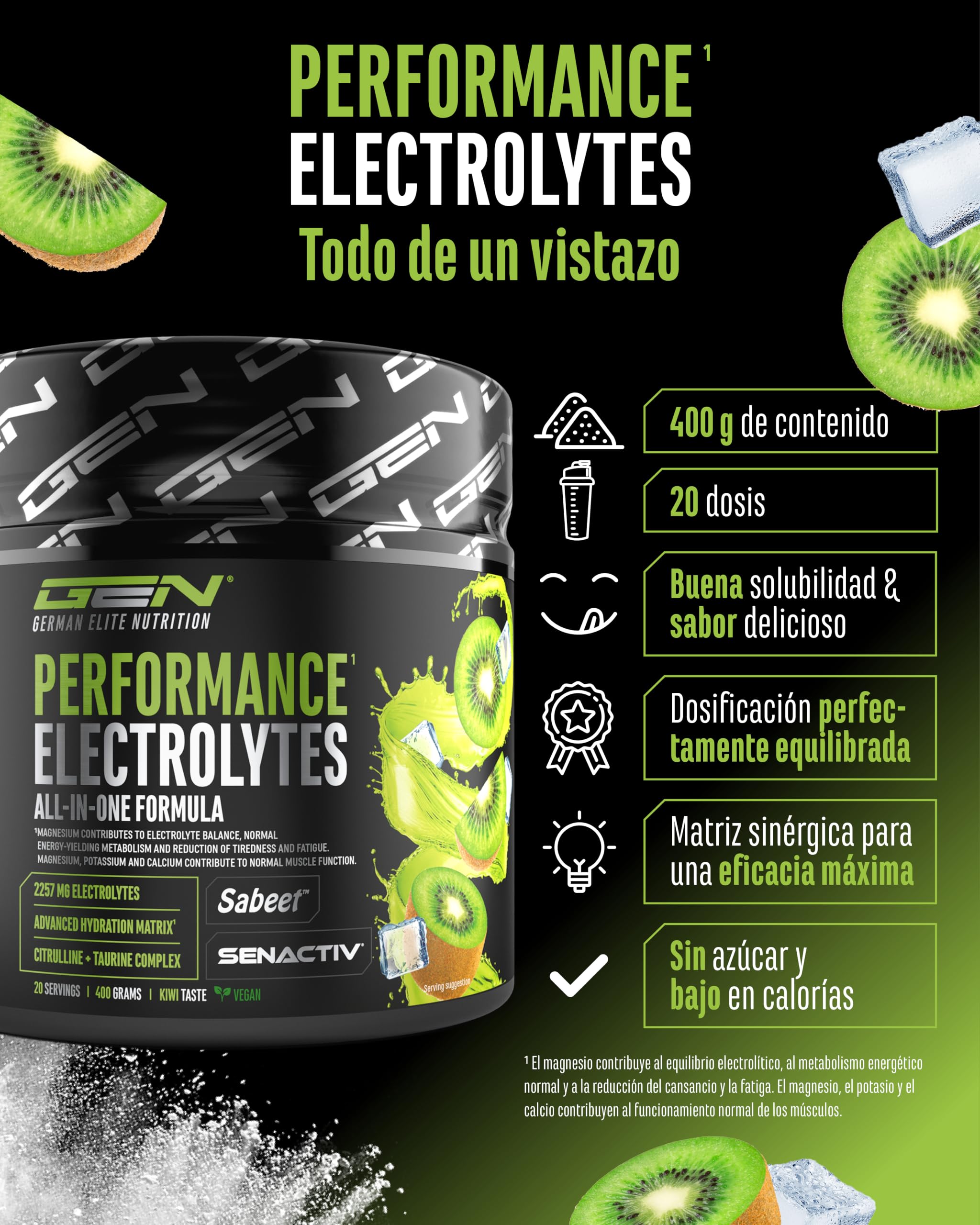 Performance Electrolytes - 400 g (20 Porciones) - Advanced Hydration Matrix con Sodio, Potasio, Magnesio, Calcio y Cloruro - con Citrulina y Taurina - Sin Azúcar - Vegano - Sabor Kiwi