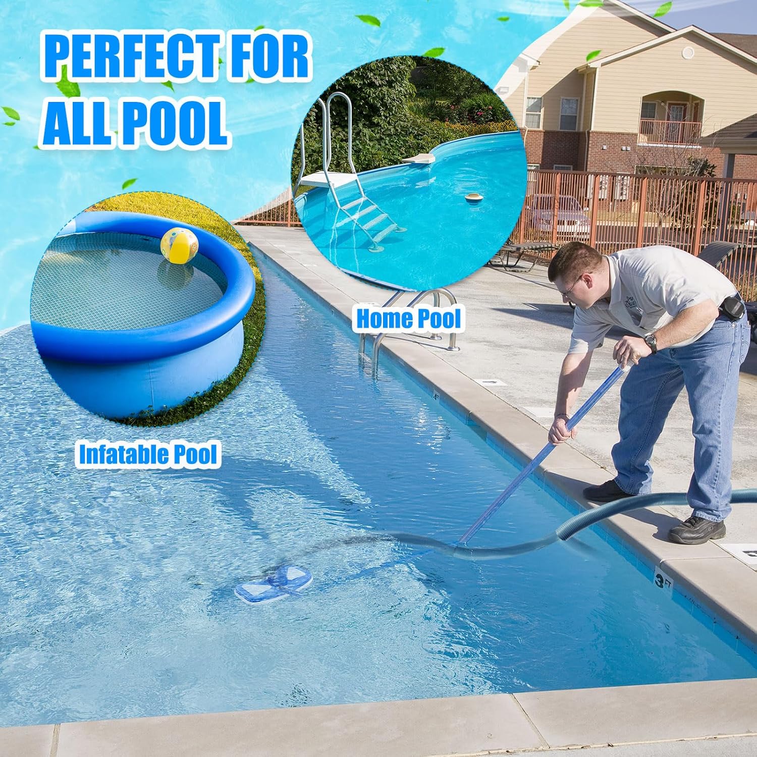 Pool Vacuum Kit Swimming Pool Vacuum Head with 1-1/2" x 30 ft Hoses Flexible Head with Wheels and 14 '' Cleaning Brush for Inground Swimming Supplies (Classic)