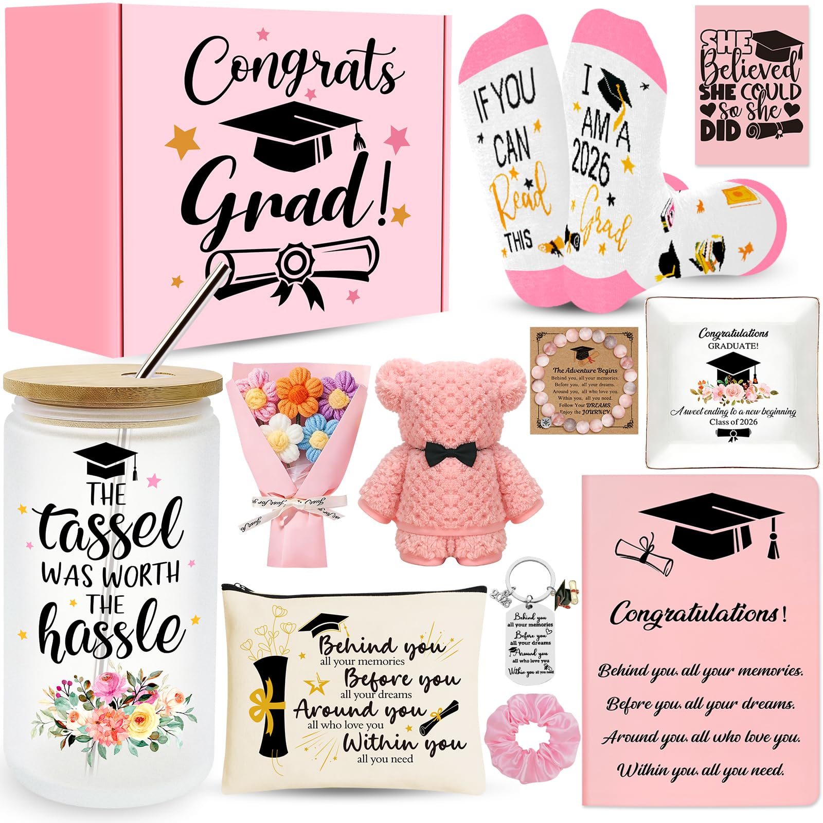 12 Pieces 2026 Graduation Gift Box Set, Class of 2026 Graduation Gift Basket with 16 Oz Glass, Socks, Bear Towel, Journal Notebook, Makeup Bag, Bracelet, Keychain for High School College Gifts