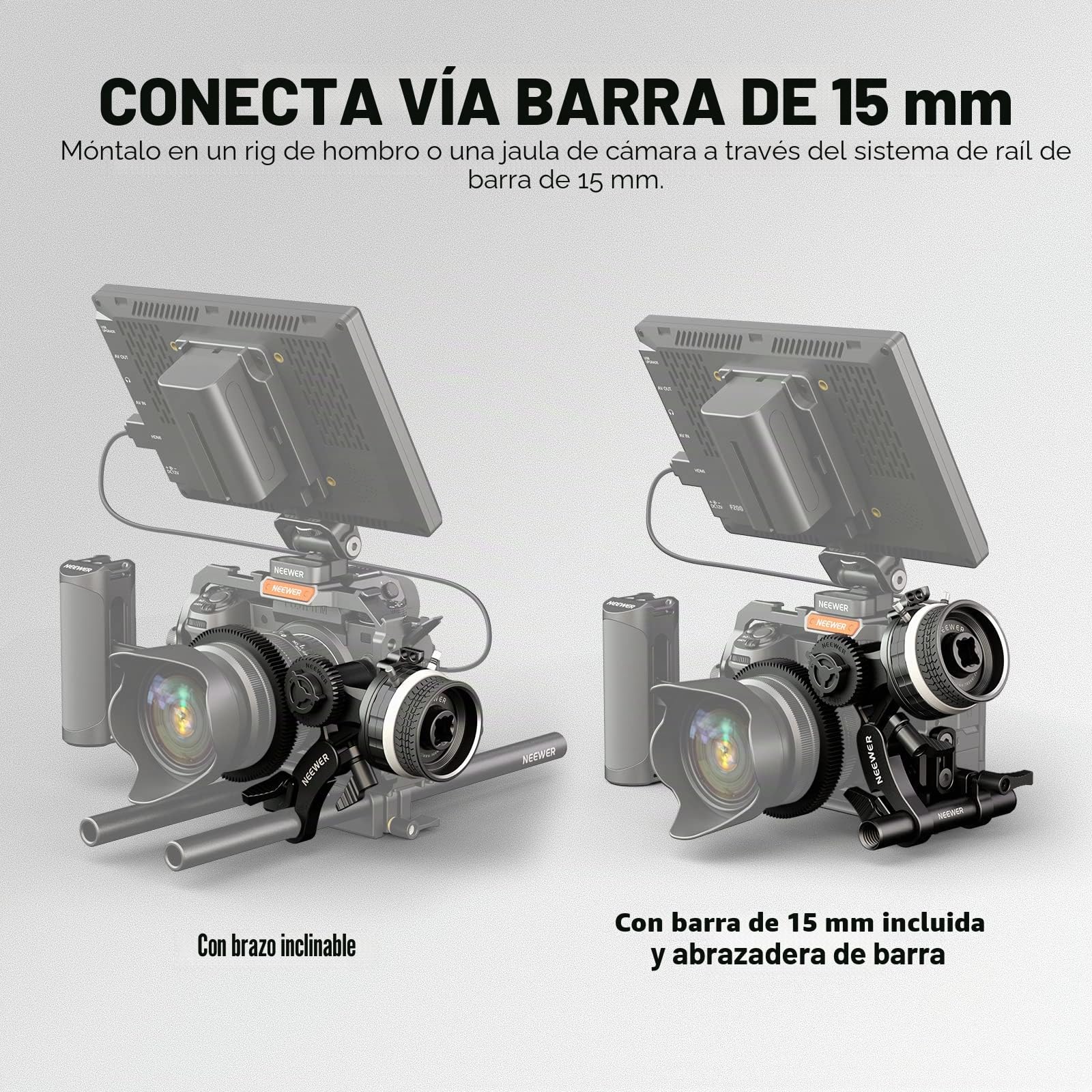 NEEWER Mini Enfoque de Seguimiento con Paradas A/B, Anillo de Engranaje de Lente, Varilla de 15 mm y Abrazadera de Varilla para cámara de Cine, cámara réflex Digital/sin Espejo, Compatible con