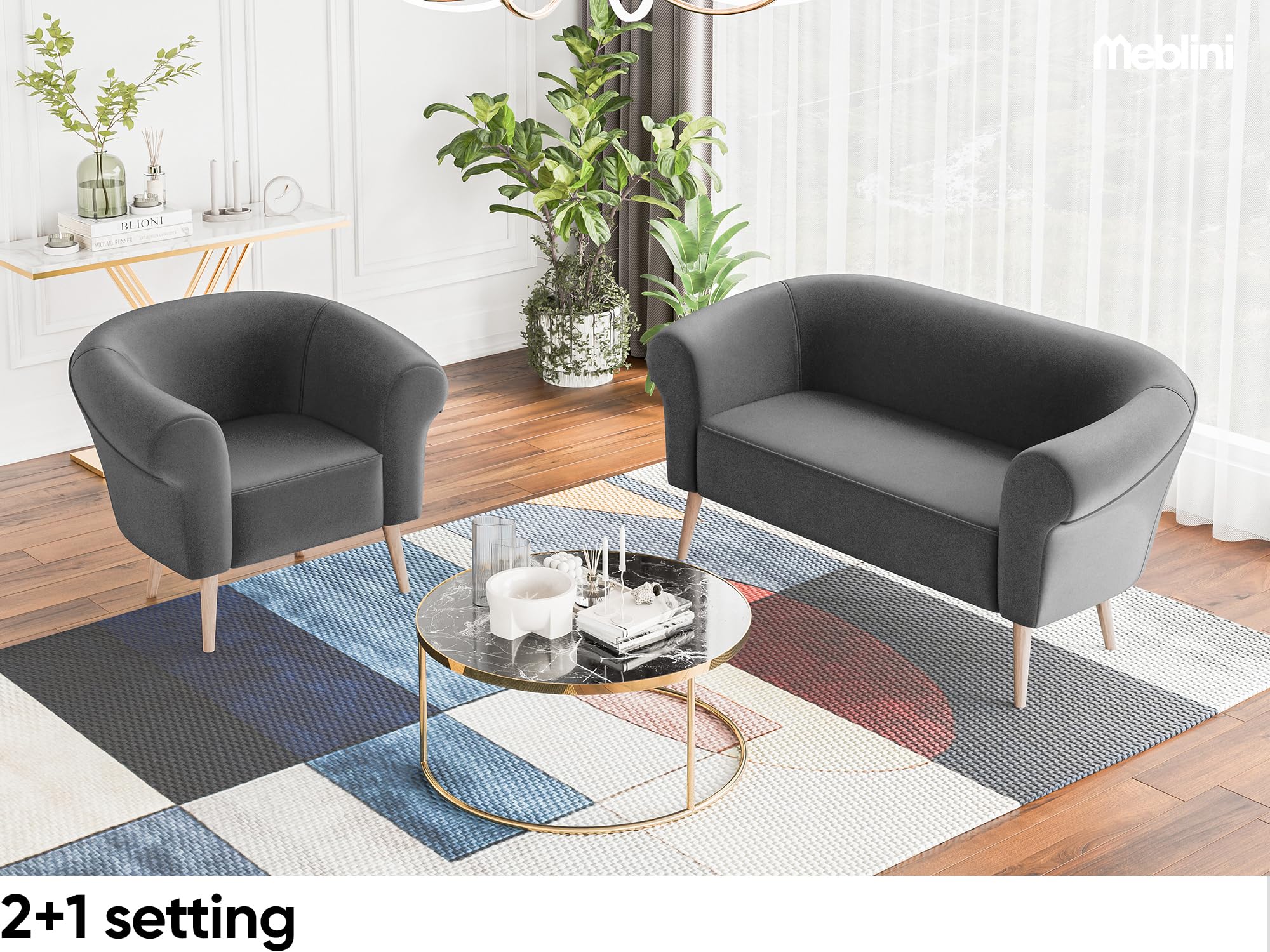 MEBLINI Mini Sofa 2-Sitzer für Wohnzimmer - Mini Lounge für Zwei Personen - Küchensofa - Sofa Klein - Emilia - 2 - Dunkelgrau Samt