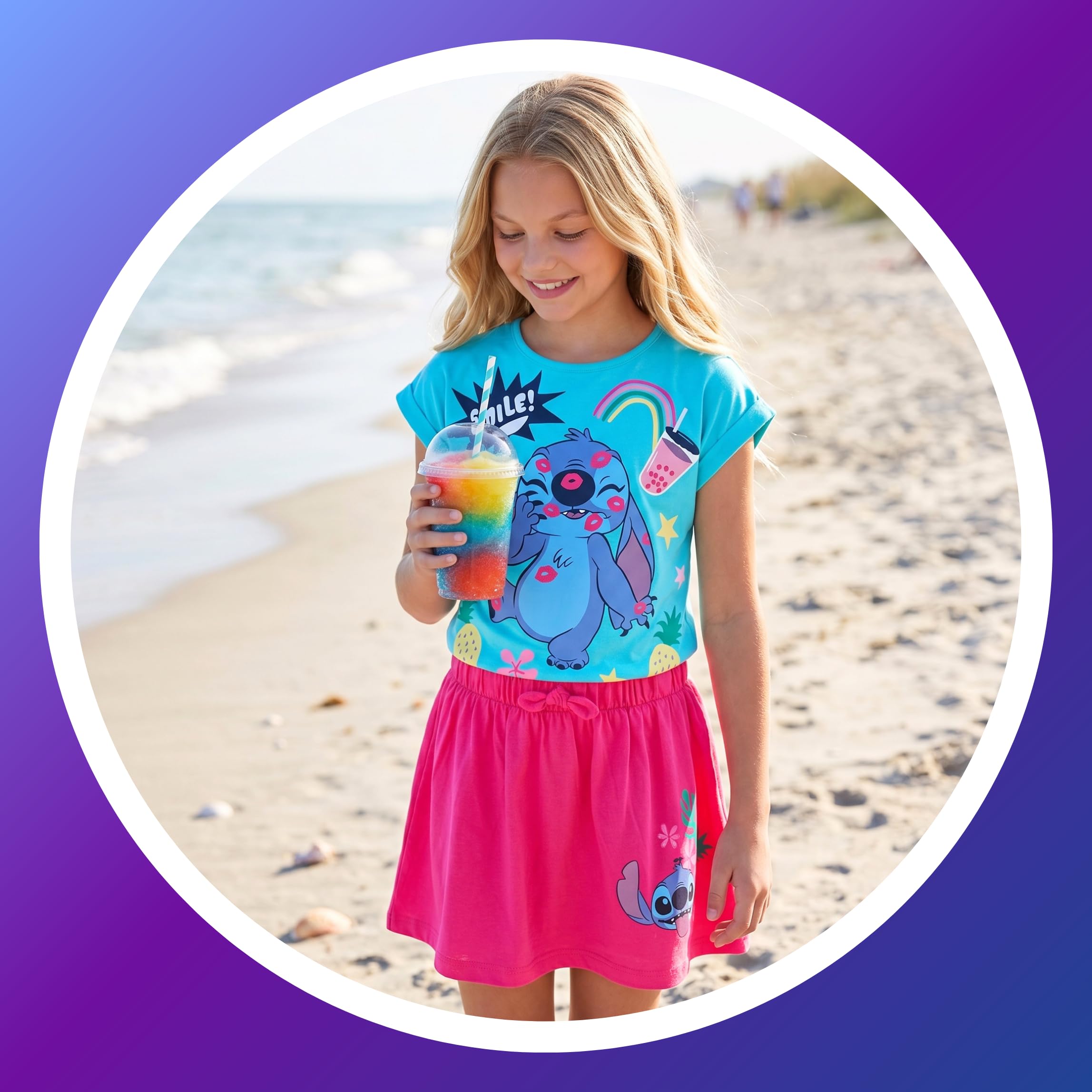 Disney Stitch Set da 2 Pezzi per Ragazze, Maglietta e Gonna con Motivo Smile per Bambine, Taglie 3 a 8 Anni