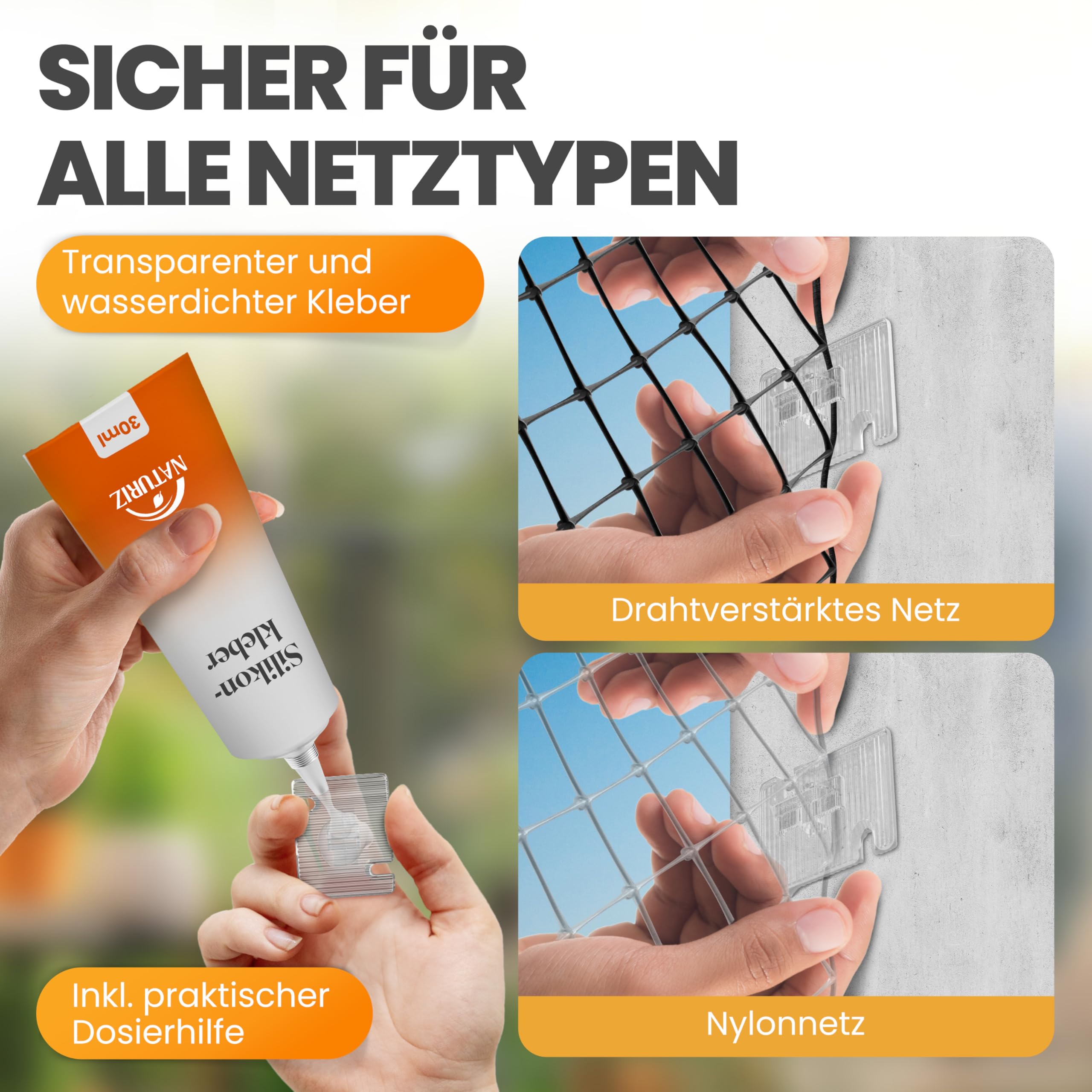 Naturiz® Ganci Adesivi da Esterno Resistenti alle intemperie - Set da 25/50/70 - per Fissare reti per Gatti Senza forare - con Colla siliconica (70 Ganci)